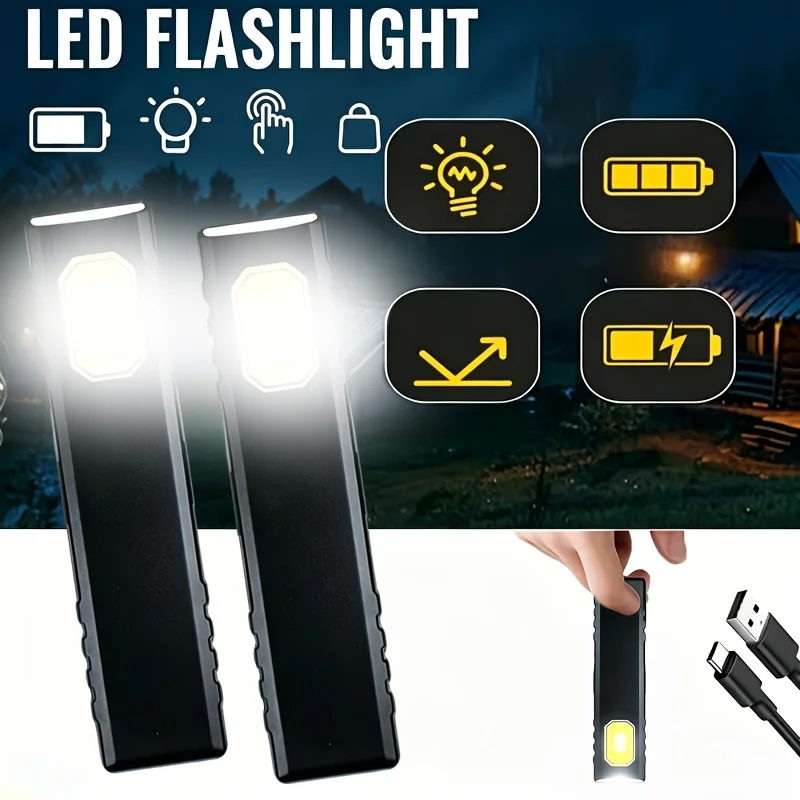 2-Pack Portable Magnetic Flashlights, 5 Lighting Modes, Hook And Magnetic Hands-Free Design, Compact, USB Rechargeable. Perfect for Camping, Hiking, Night And Emergency Use, Ideal Gift, Without Battery