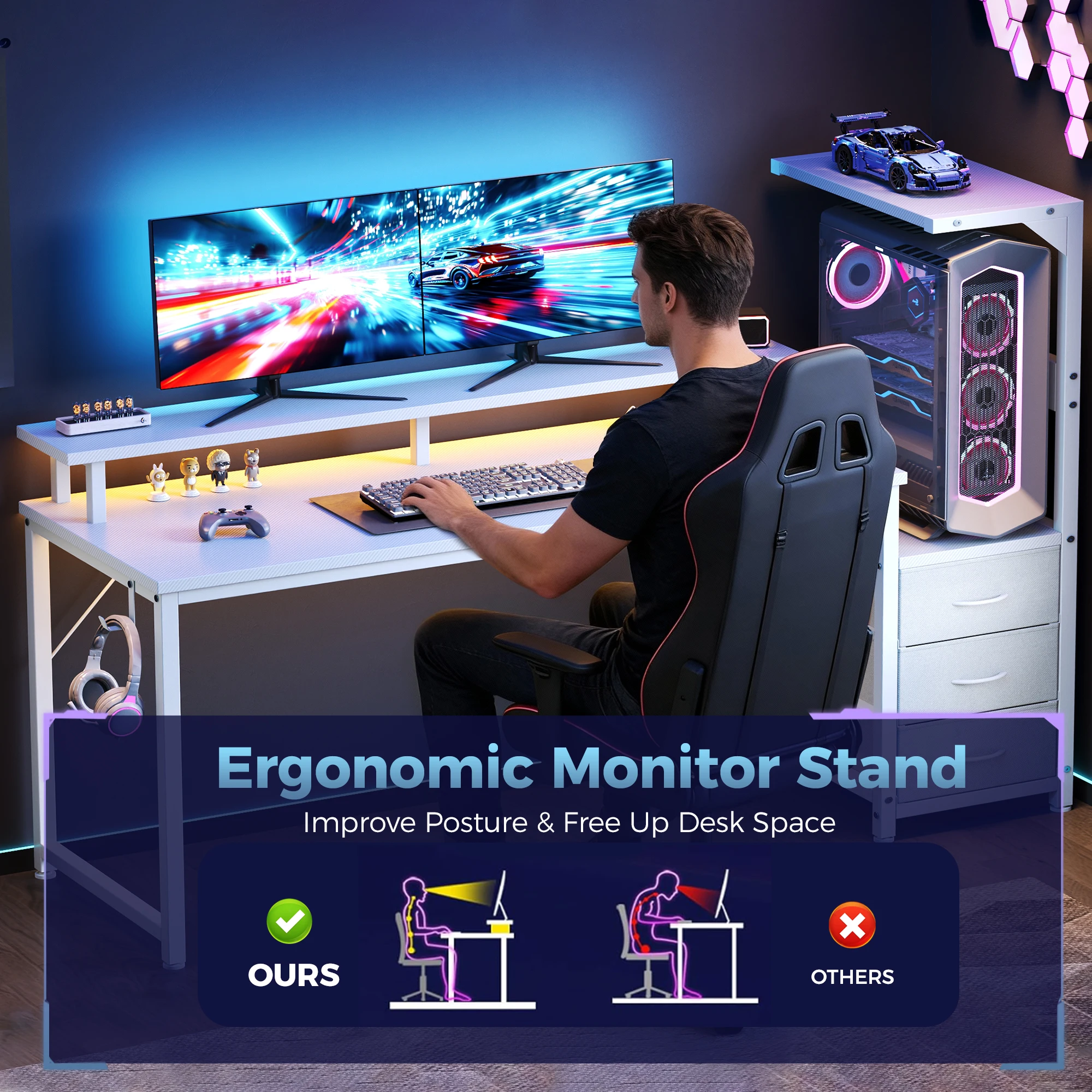 MCQ 52 Inch to 59 Inch Standing Office Computer Desk With USB Charging Ports Ergonomic Storage Shelves Gaming Desk With LED Lights Reversible Computer Desk with Drawers For Home Office Small Space