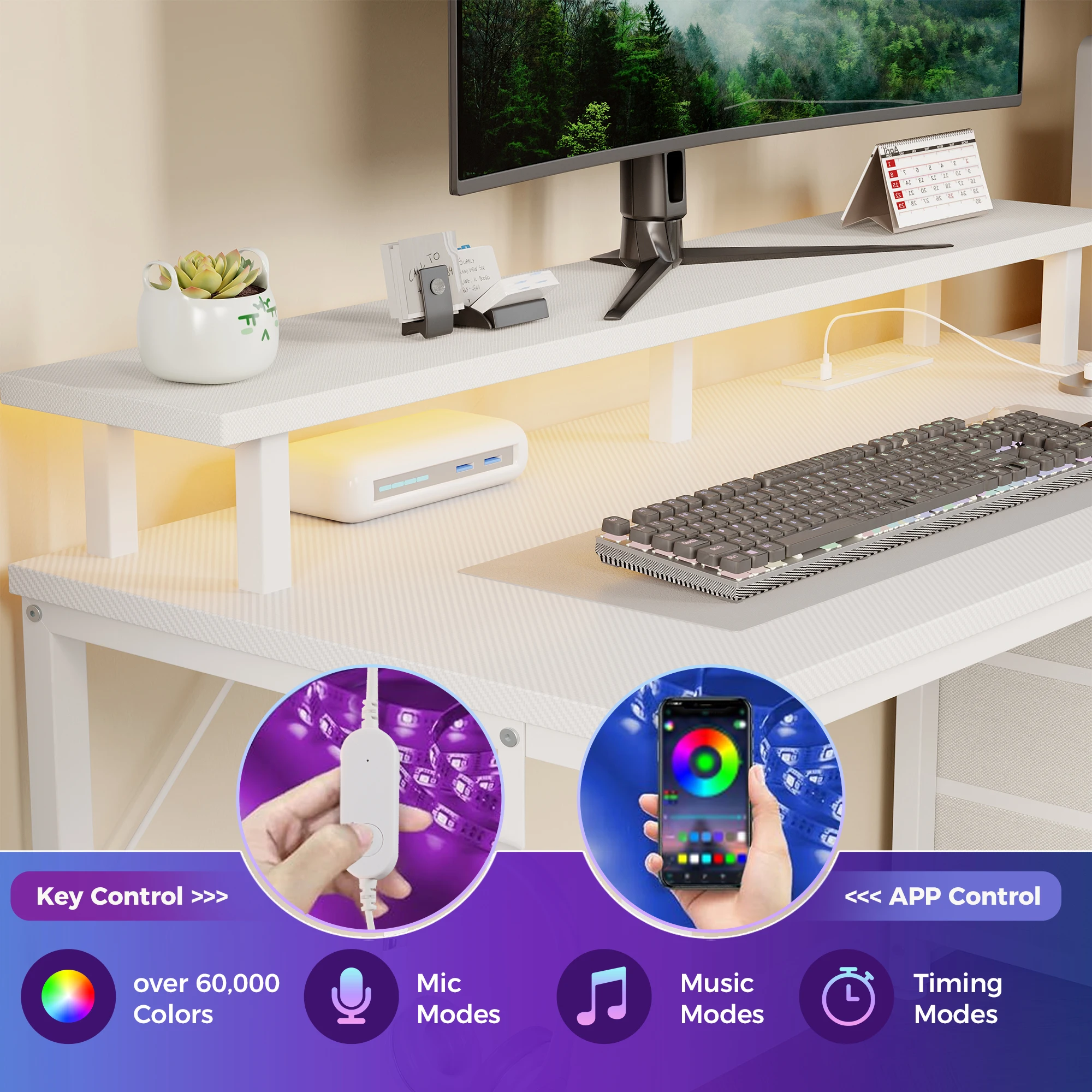 MCQ 52 Inch to 59 Inch Standing Office Computer Desk With USB Charging Ports Ergonomic Storage Shelves Gaming Desk With LED Lights Reversible Computer Desk with Drawers For Home Office Small Space