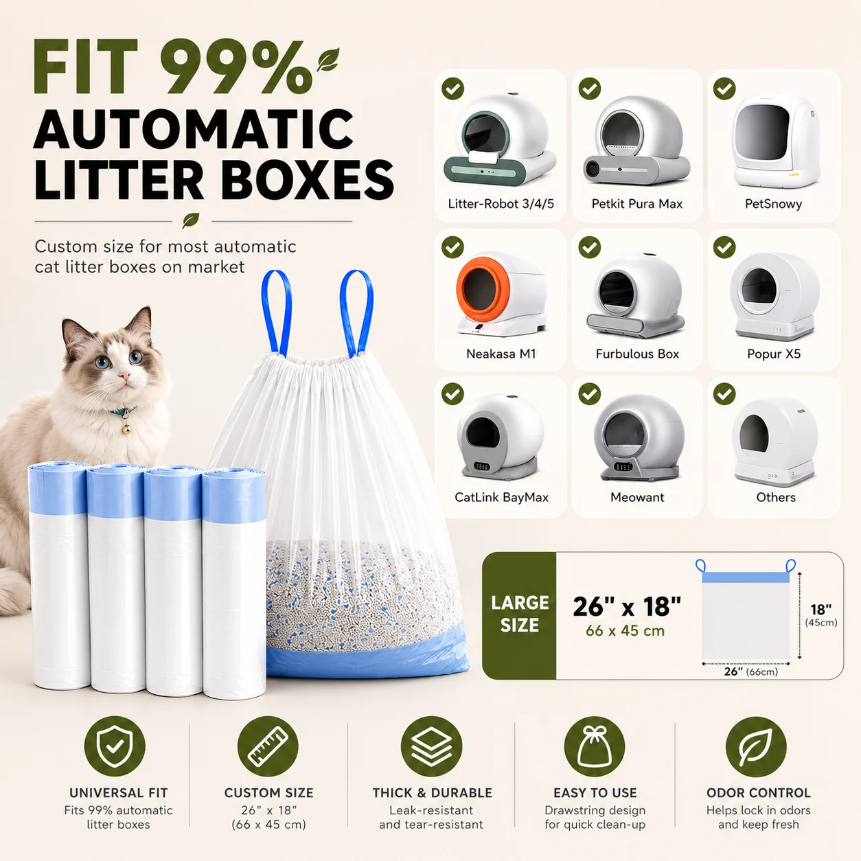 Automatic Cat Litter Box Liners 60PCS Drawstring Waste Bags Fit Most Self-Cleaning Litter Boxes 26" × 18" (66 × 45 cm)