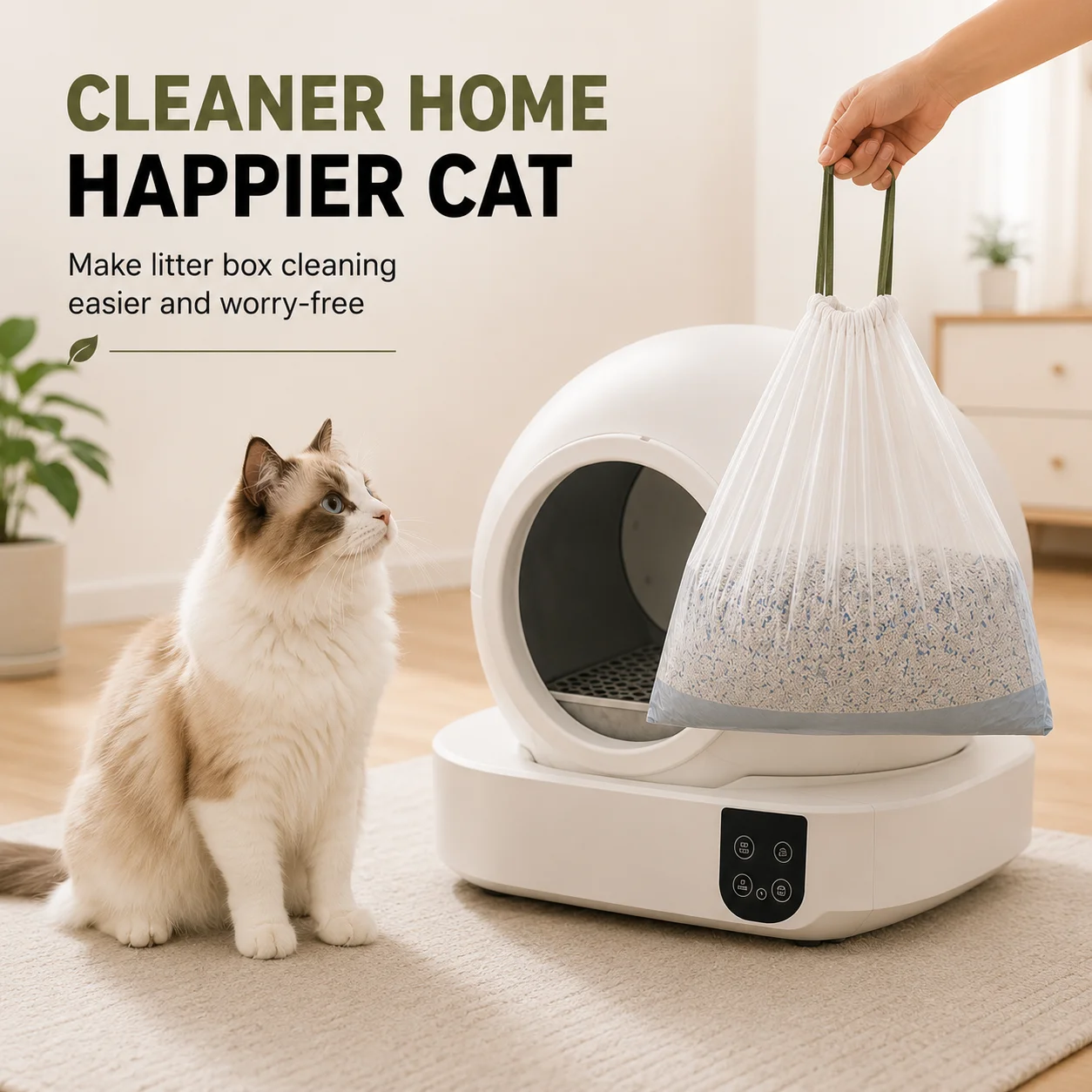 Automatic Cat Litter Box Liners 60PCS Drawstring Waste Bags Fit Most Self-Cleaning Litter Boxes 26" × 18" (66 × 45 cm)