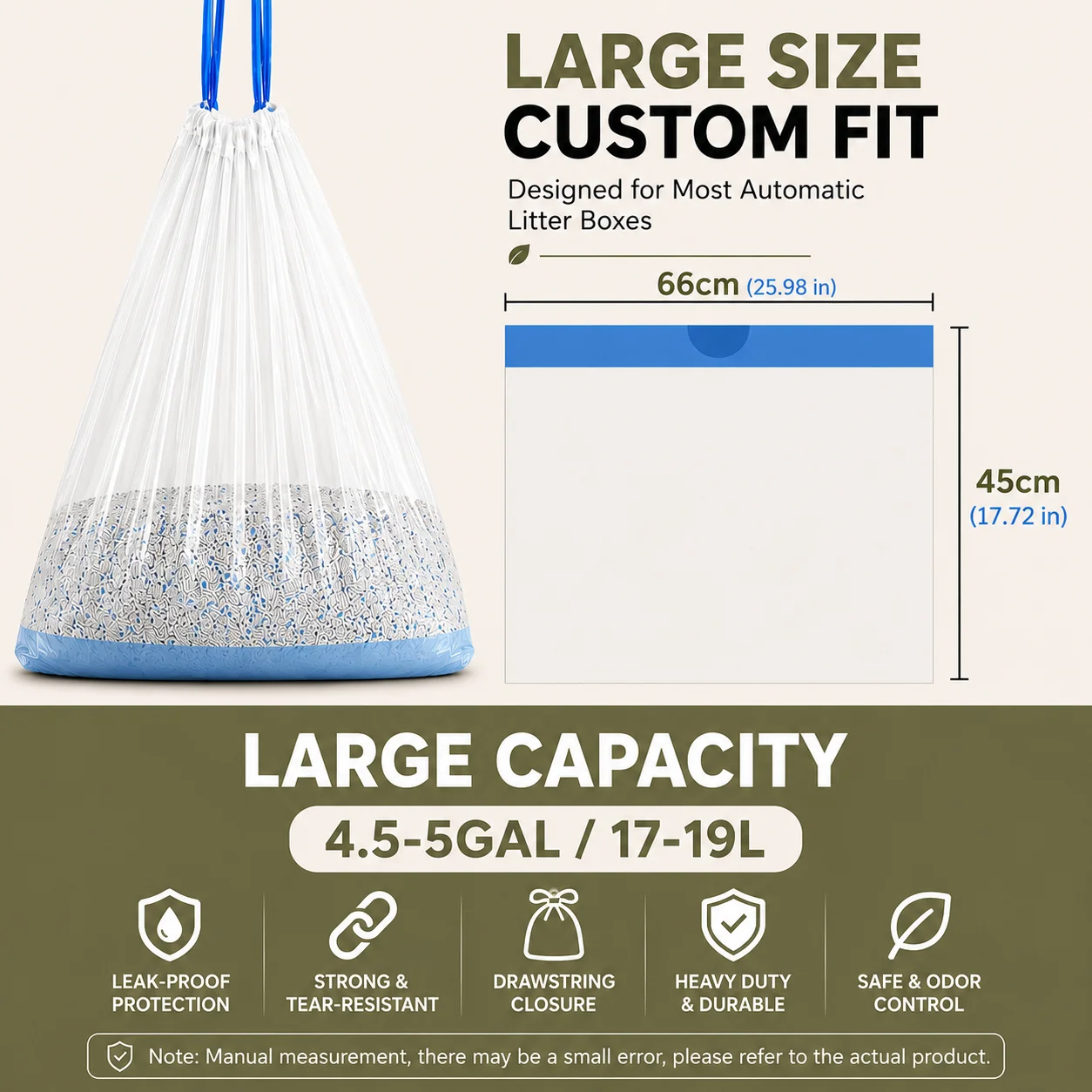 Automatic Cat Litter Box Liners 60PCS Drawstring Waste Bags Fit Most Self-Cleaning Litter Boxes 26" × 18" (66 × 45 cm)