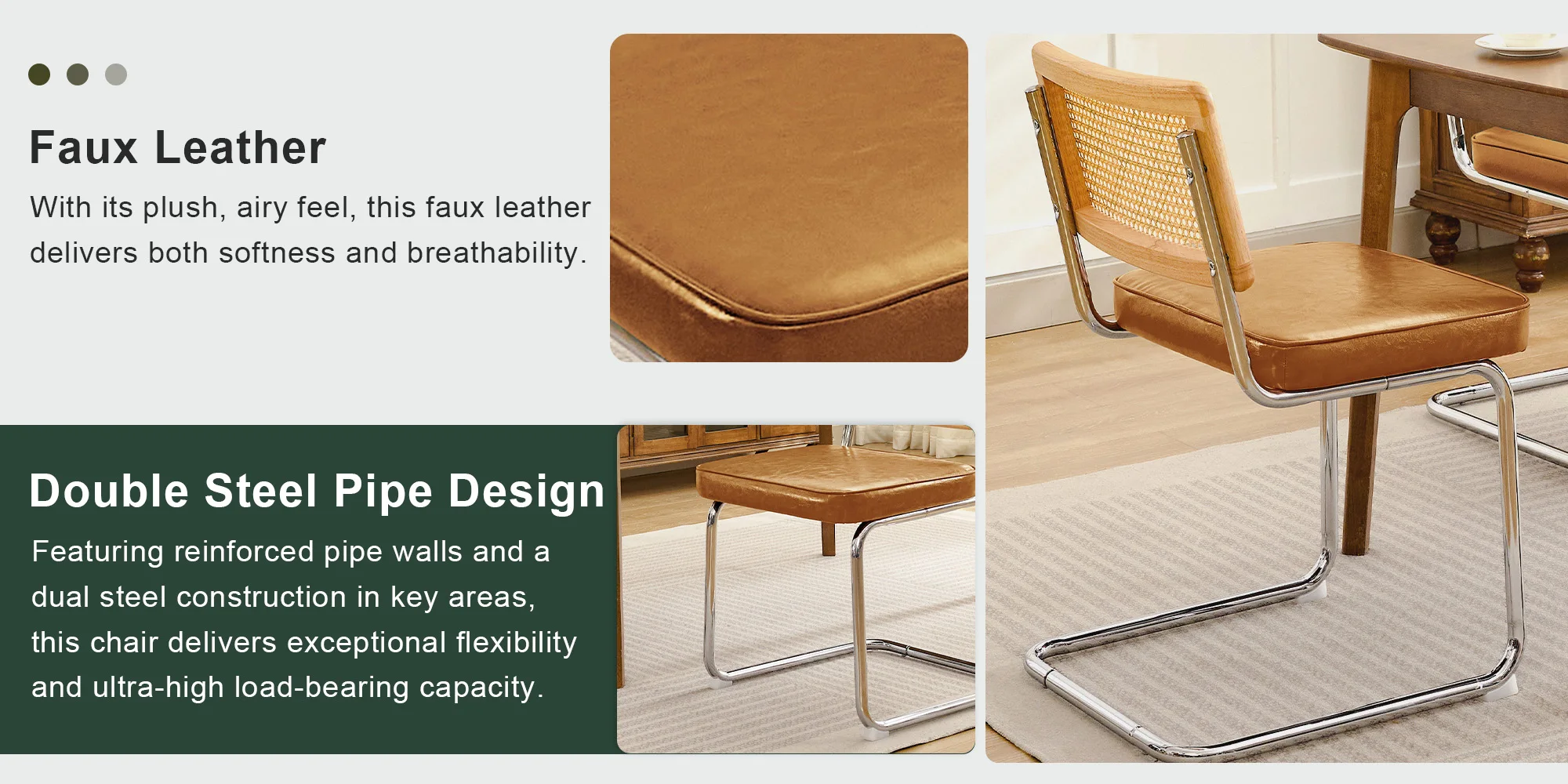 KERDOM Rattan Dining Chairs Set of 2, Mid-Century Dining Room Chairs with PU Upholstered Seat & Chrome Cantilever Frame, Kitchen & Dining Room Chairs, Natural Natural Rattan, 300lbs, Green