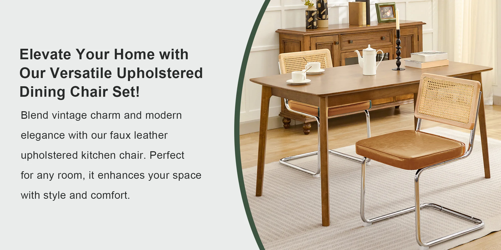 KERDOM Rattan Dining Chairs Set of 2, Mid-Century Dining Room Chairs with PU Upholstered Seat & Chrome Cantilever Frame, Kitchen & Dining Room Chairs, Natural Natural Rattan, 300lbs, Green