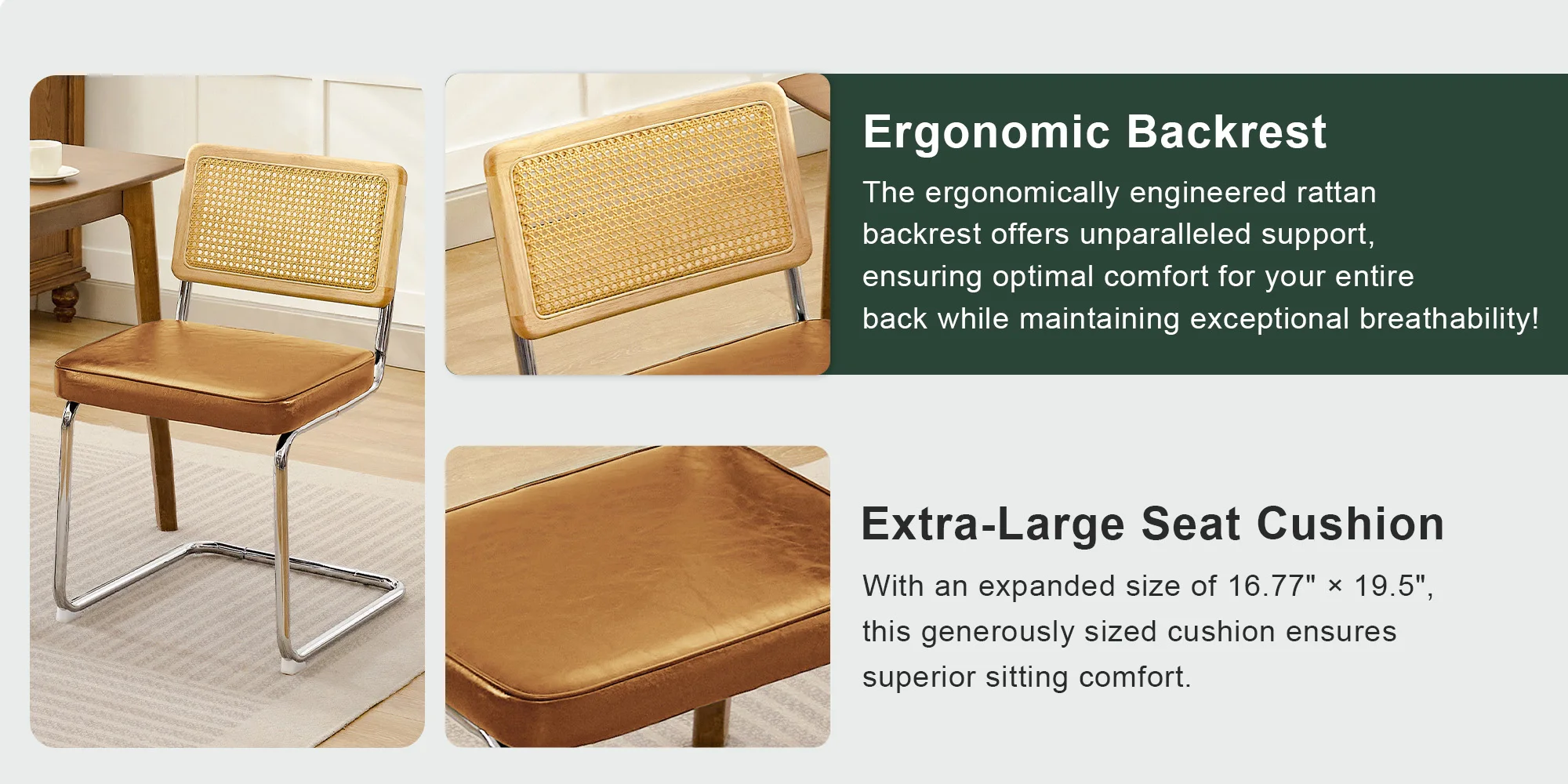 KERDOM Rattan Dining Chairs Set of 2, Mid-Century Dining Room Chairs with PU Upholstered Seat & Chrome Cantilever Frame, Kitchen & Dining Room Chairs, Natural Natural Rattan, 300lbs, Green