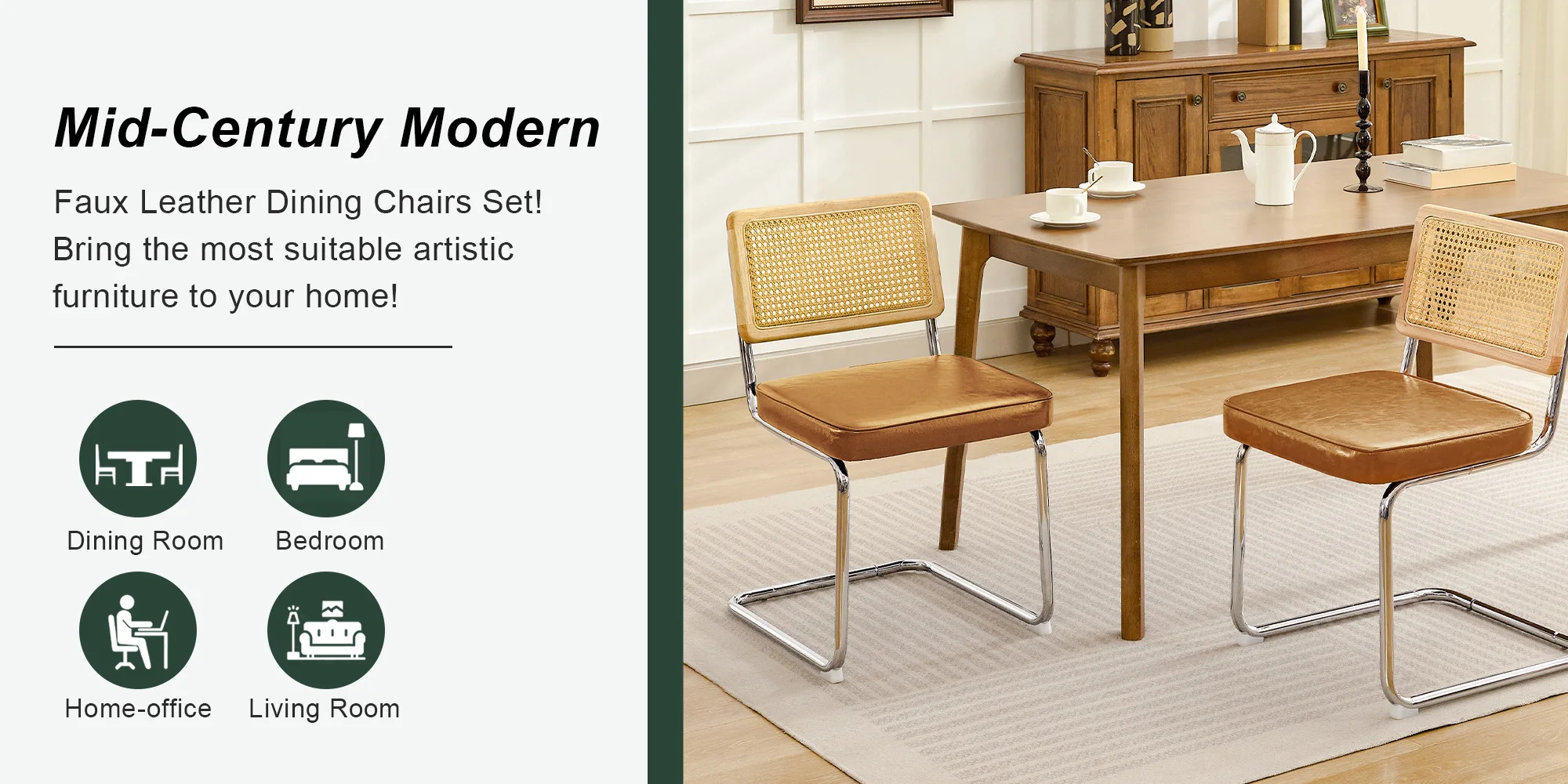 KERDOM Rattan Dining Chairs Set of 2, Mid-Century Dining Room Chairs with PU Upholstered Seat & Chrome Cantilever Frame, Kitchen & Dining Room Chairs, Natural Natural Rattan, 300lbs, Green