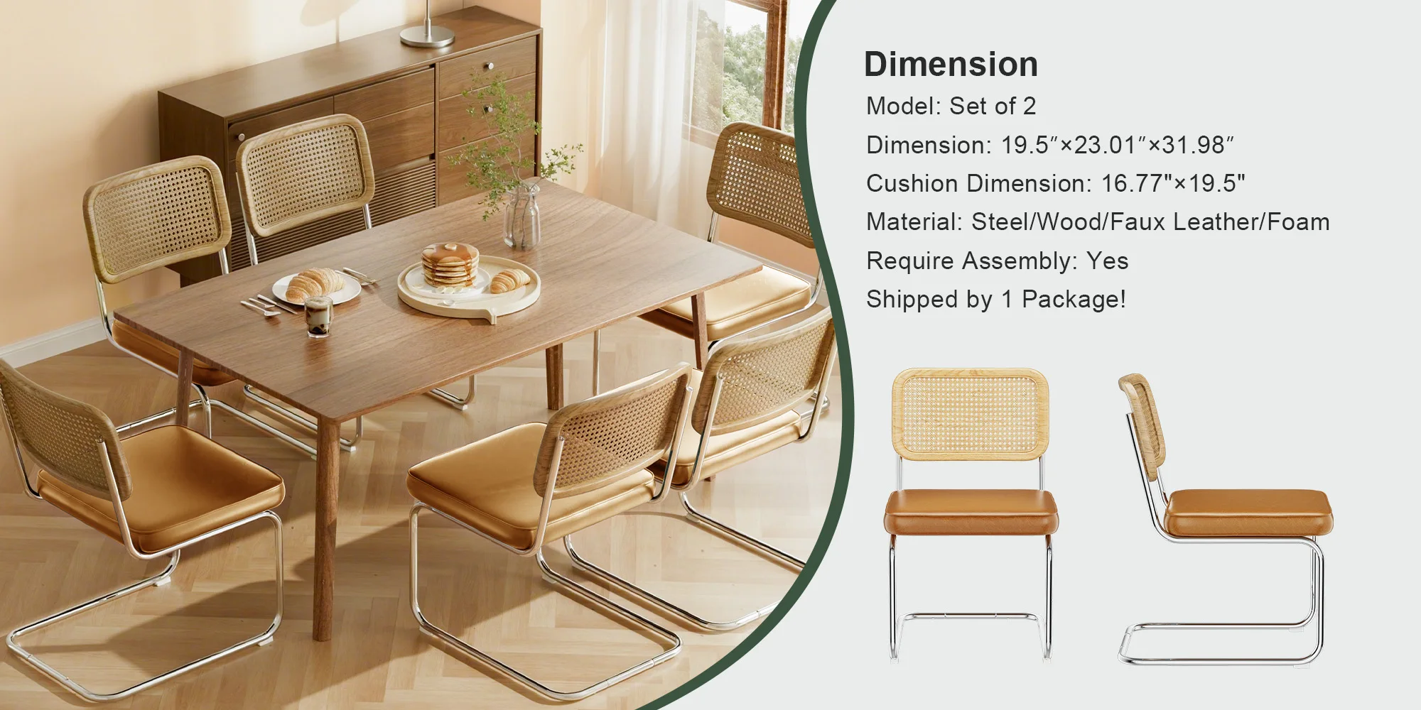 KERDOM Rattan Dining Chairs Set of 2, Mid-Century Dining Room Chairs with PU Upholstered Seat & Chrome Cantilever Frame, Kitchen & Dining Room Chairs, Natural Natural Rattan, 300lbs, Green
