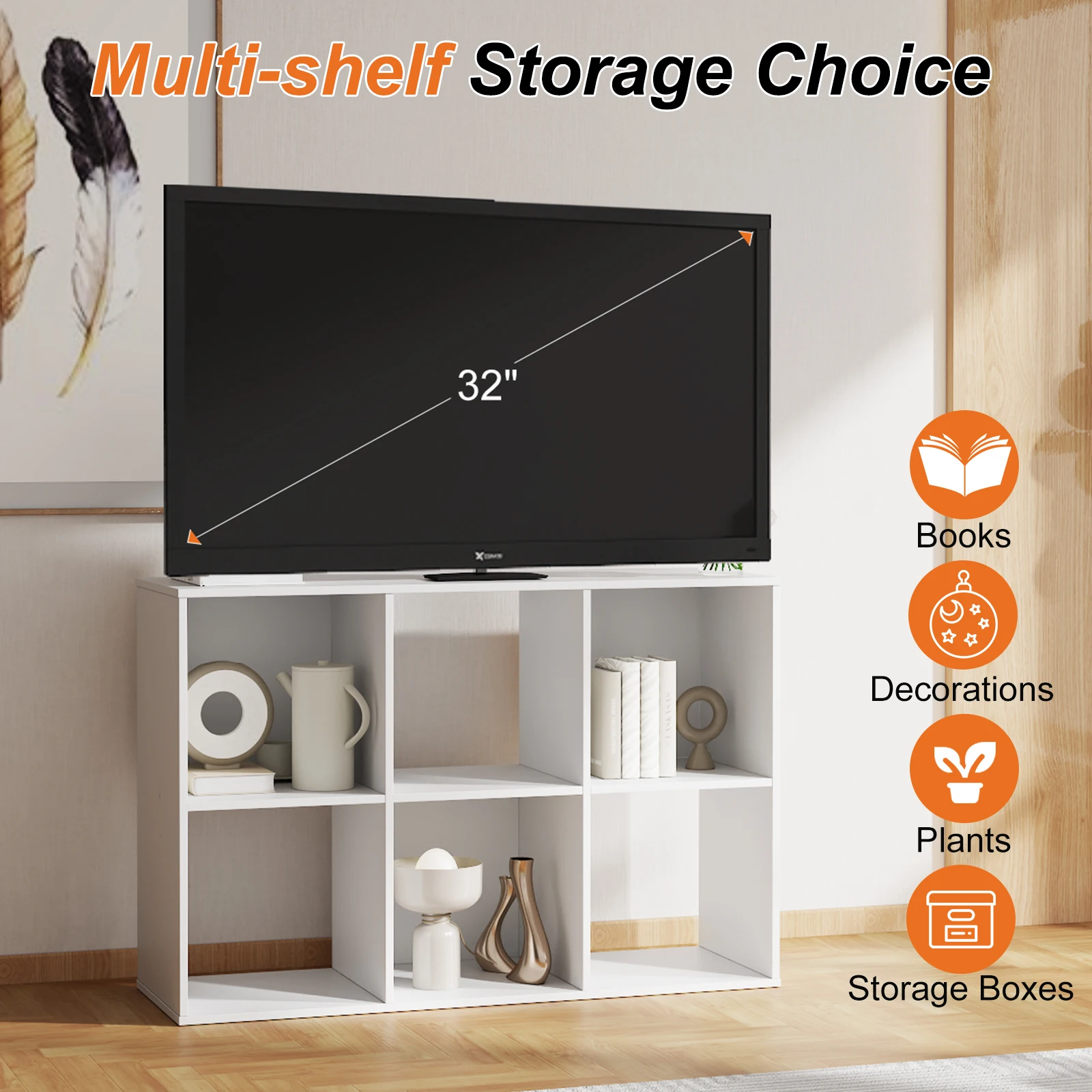 MCQ 6 Storage Organizer Shelf Bookcase Wooden Display Storage Bookcase with 3 Removable Back Panels for Living Room Home Office