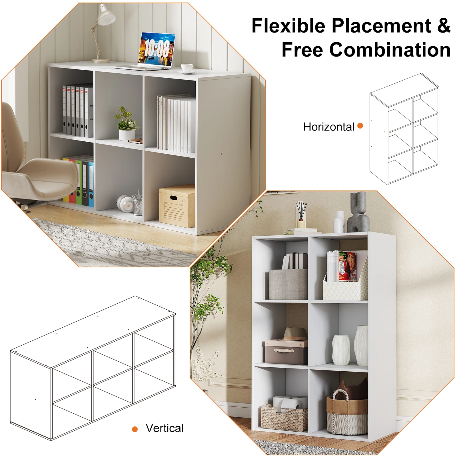 MCQ 6 Storage Organizer Shelf Bookcase Wooden Display Storage Bookcase with 3 Removable Back Panels for Living Room Home Office