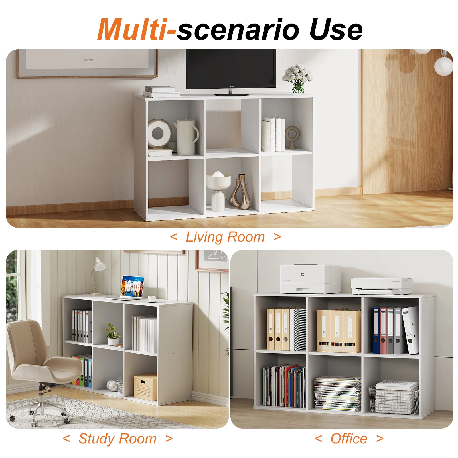 MCQ 6 Storage Organizer Shelf Bookcase Wooden Display Storage Bookcase with 3 Removable Back Panels for Living Room Home Office