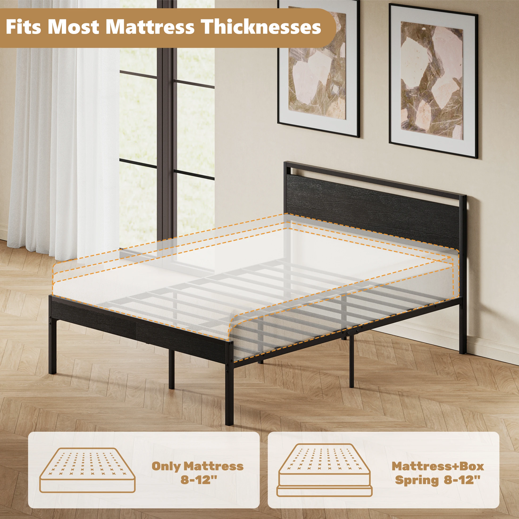 JHK 14 Inch Metal Bed Frame with Wood Headboard Heavy-duty Metal Platform With 1200lbs Capacity No Box Spring Needed Noise-free and Easy Assembly Design