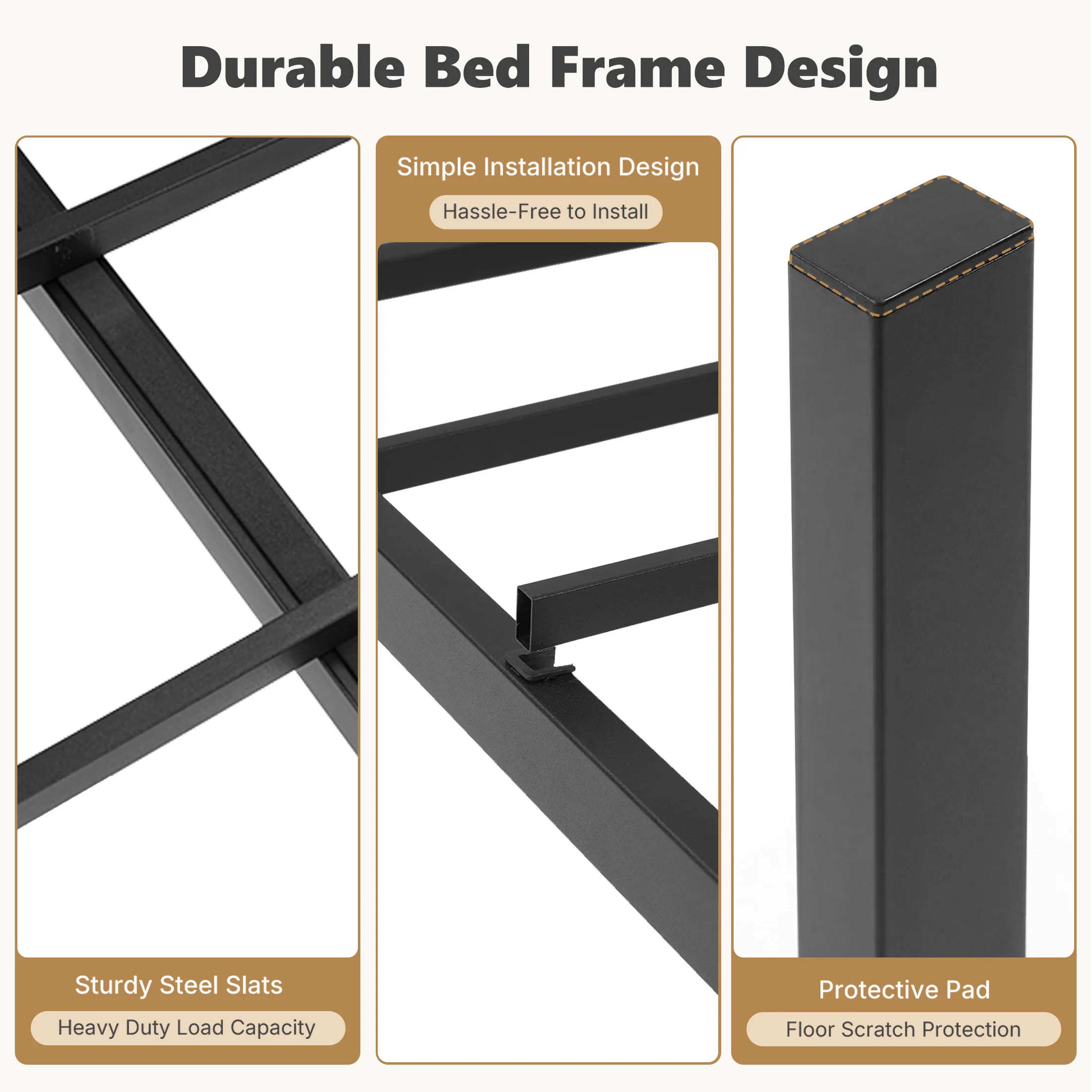 JHK 14 Inch Metal Bed Frame with Wood Headboard Heavy-duty Metal Platform With 1200lbs Capacity No Box Spring Needed Noise-free and Easy Assembly Design