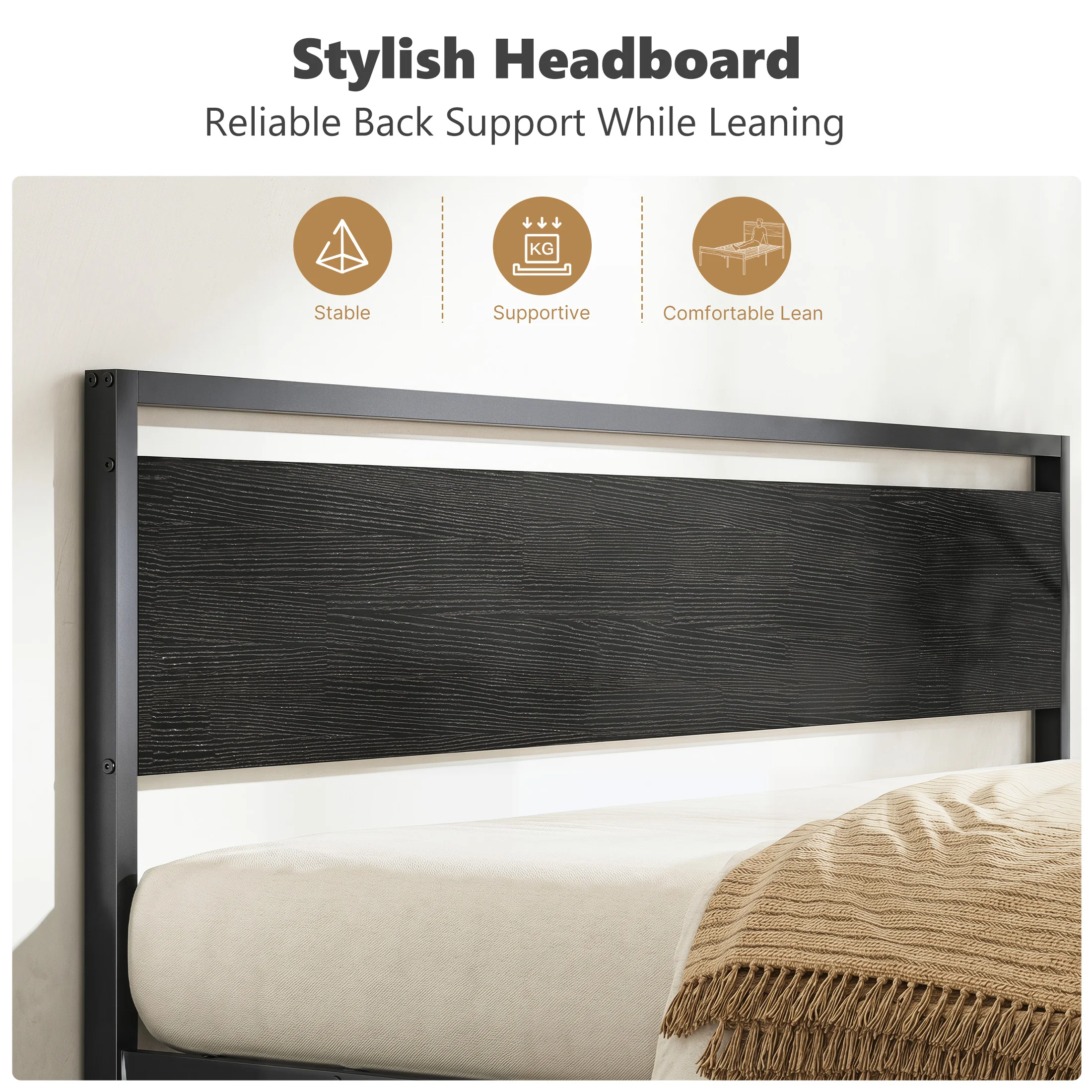 JHK 14 Inch Metal Bed Frame with Wood Headboard Heavy-duty Metal Platform With 1200lbs Capacity No Box Spring Needed Noise-free and Easy Assembly Design