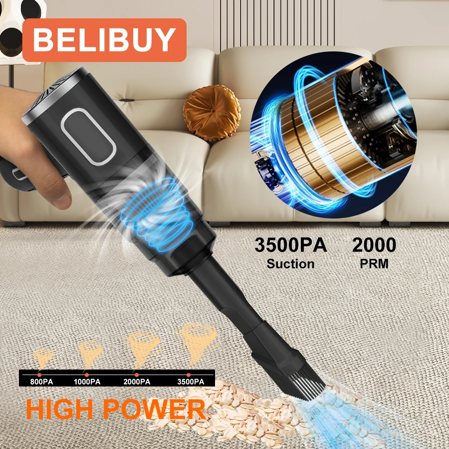 Wireless Handheld Car Vacuum Cleaner, Ergonomic Handheld Design Mini Cordless Vacuum, 3500Pa Strong Suction Car Home Dual Purpose Vacuum with LED Light, Rechargeable Compact Vacuum for Car Sofa Keyboard Pet Hair Corner Dust Deep Cleaning