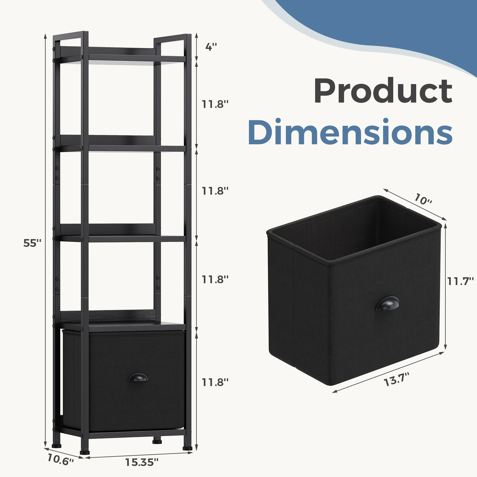 MCQ 4-5 Tier Bookshelf with Fabric Drawer Standing Open Book Shelf Organizer Wood and Metal Storage Shelf Organizer in Living Room Bedroom