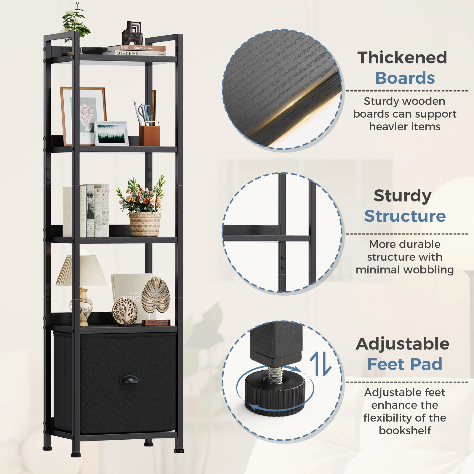 MCQ 4-5 Tier Bookshelf with Fabric Drawer Standing Open Book Shelf Organizer Wood and Metal Storage Shelf Organizer in Living Room Bedroom