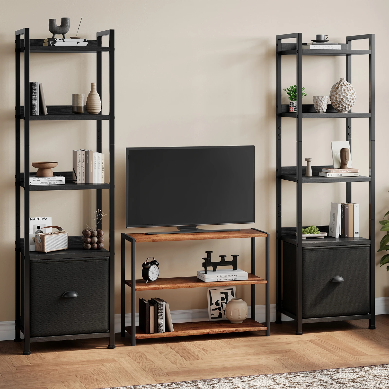 MCQ 4-5 Tier Bookshelf with Fabric Drawer Standing Open Book Shelf Organizer Wood and Metal Storage Shelf Organizer in Living Room Bedroom