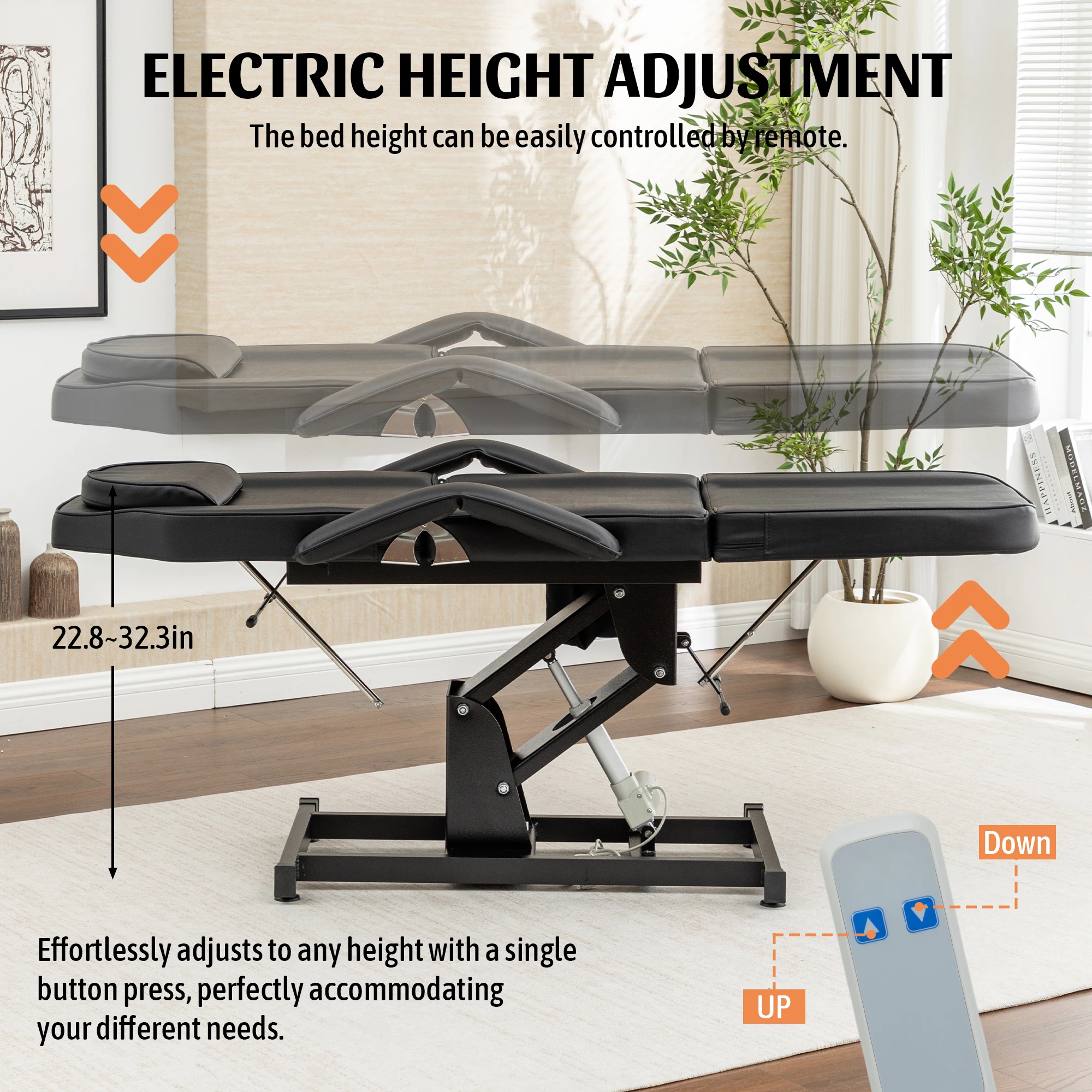 Electric Height Adjustable Massage Table 3-Section Folding,Professional Electric Lift Treatment Bed with Reclining Backrest & Headrest,Sturdy Steel Frame Beauty Treatment Couch, Beauty Spa Lash Bed for Eyelash Extensions Salon Equipment Barber Chair Salo