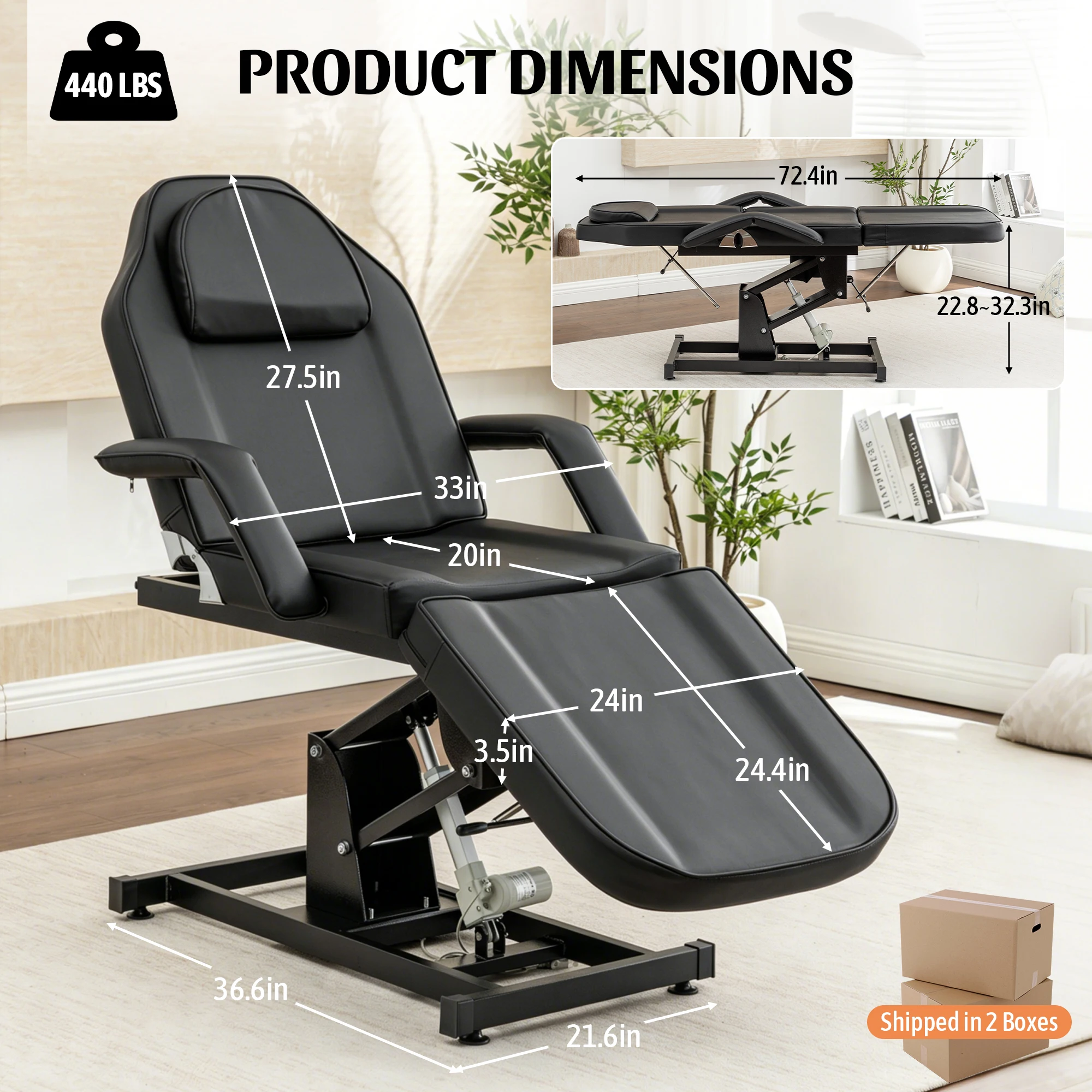 Electric Height Adjustable Massage Table 3-Section Folding,Professional Electric Lift Treatment Bed with Reclining Backrest & Headrest,Sturdy Steel Frame Beauty Treatment Couch, Beauty Spa Lash Bed for Eyelash Extensions Salon Equipment Barber Chair Salo