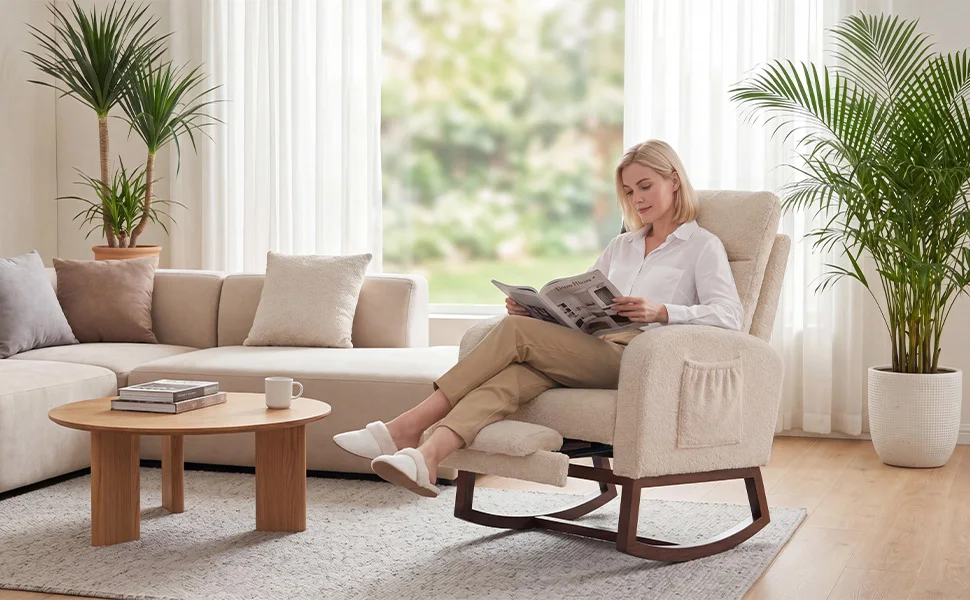 Modern Nursery Rocking Chair, Teddy Upholstered Rocking Chair with Footrest, Comfortable Rocker Recliner with Side Pocket, Rocker Glider for Living Room, Bedroom, Nursing Room