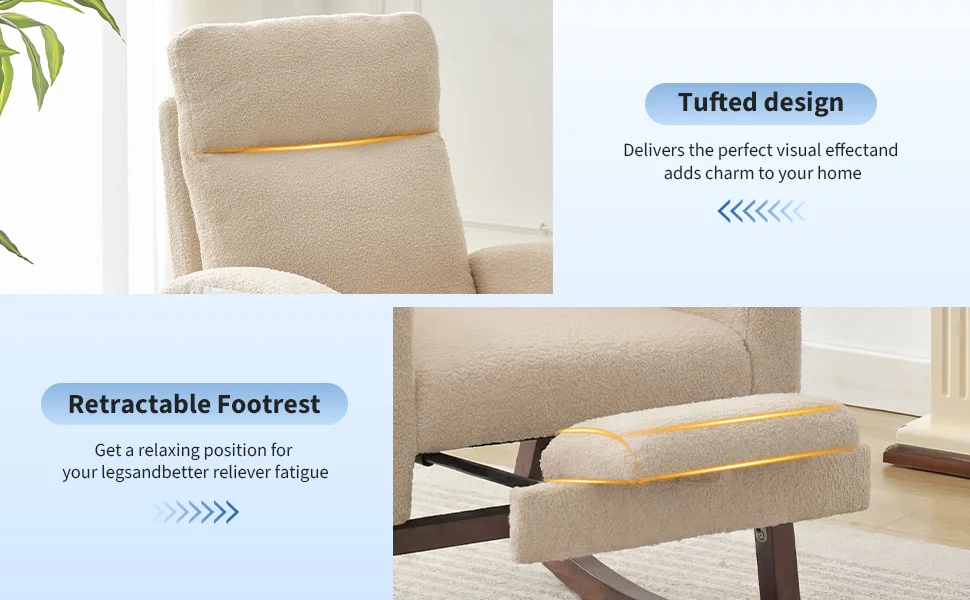 Modern Nursery Rocking Chair, Teddy Upholstered Rocking Chair with Footrest, Comfortable Rocker Recliner with Side Pocket, Rocker Glider for Living Room, Bedroom, Nursing Room