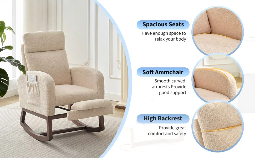 Modern Nursery Rocking Chair, Teddy Upholstered Rocking Chair with Footrest, Comfortable Rocker Recliner with Side Pocket, Rocker Glider for Living Room, Bedroom, Nursing Room