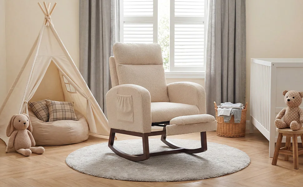 Modern Nursery Rocking Chair, Teddy Upholstered Rocking Chair with Footrest, Comfortable Rocker Recliner with Side Pocket, Rocker Glider for Living Room, Bedroom, Nursing Room
