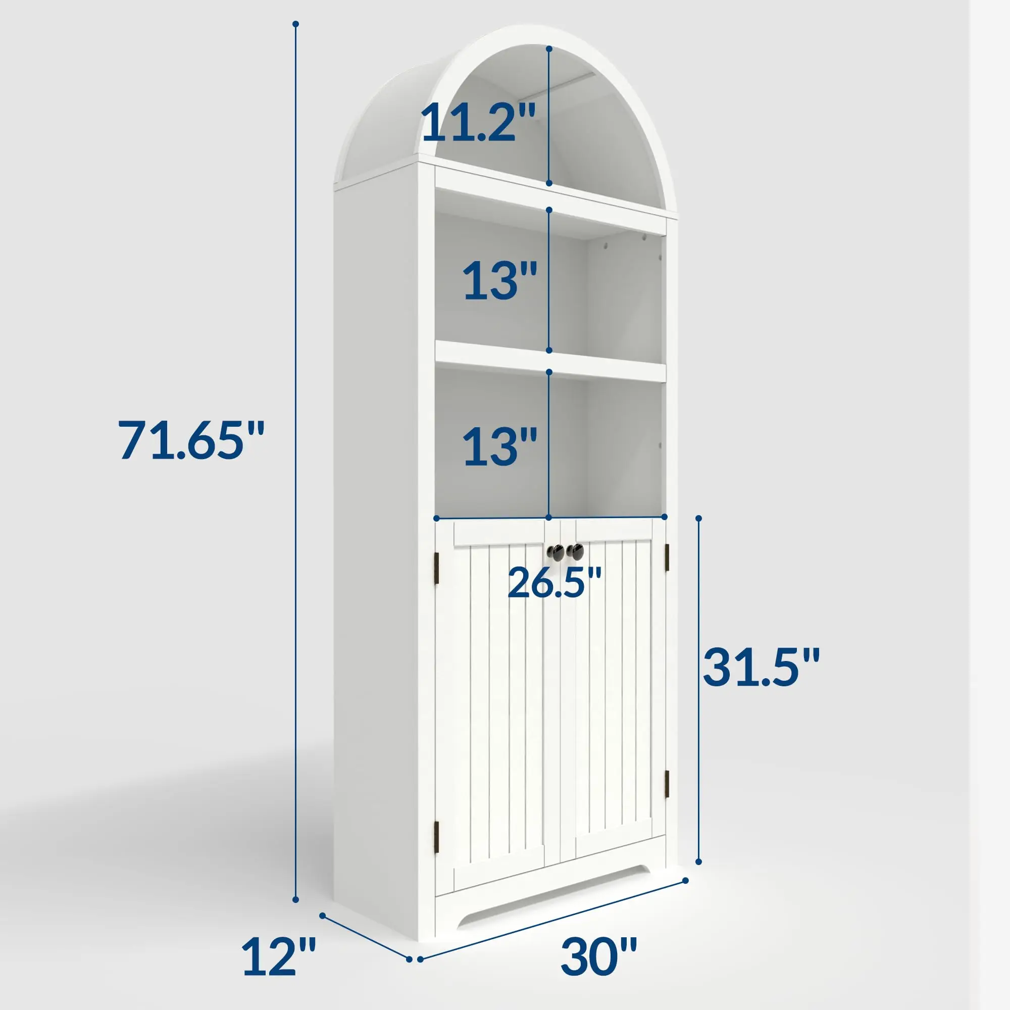 Arched Bookcase with Doors, 71 Inch Tall Storage Bookshelf with Cabinet and Shelves, Wooden Display Bookcase for Living Room, Home Office, White with Black Handles