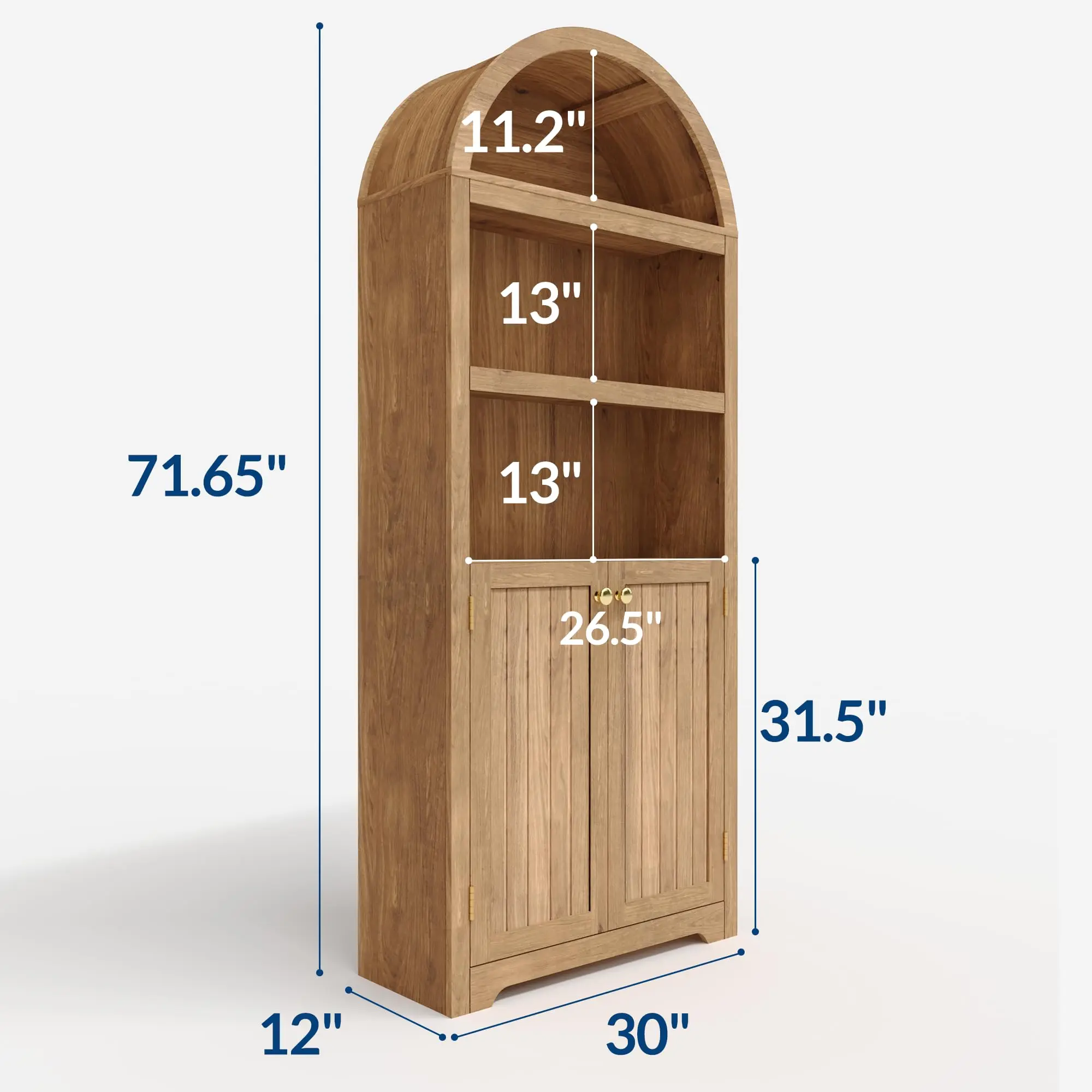 Arched Bookcase with Doors, 71 Inch Tall Storage Bookshelf with Cabinet and Shelves, Wooden Display Bookcase for Living Room, Home Office, White with Black Handles