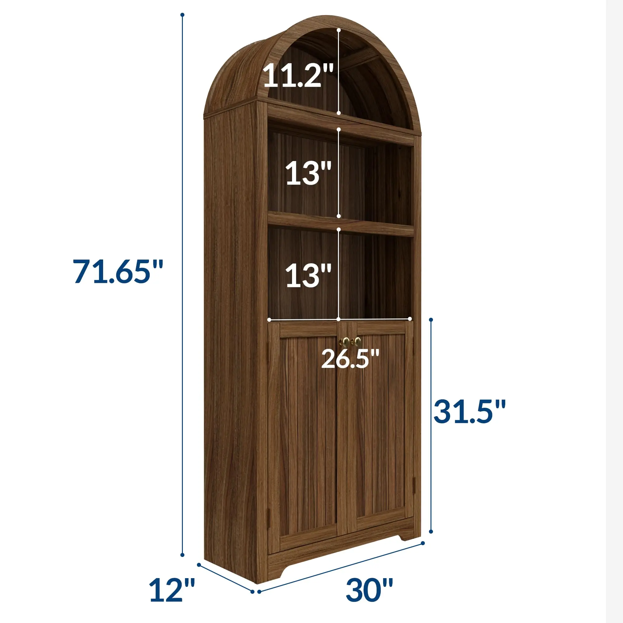 Arched Bookcase with Doors, 71 Inch Tall Storage Bookshelf with Cabinet and Shelves, Wooden Display Bookcase for Living Room, Home Office, White with Black Handles