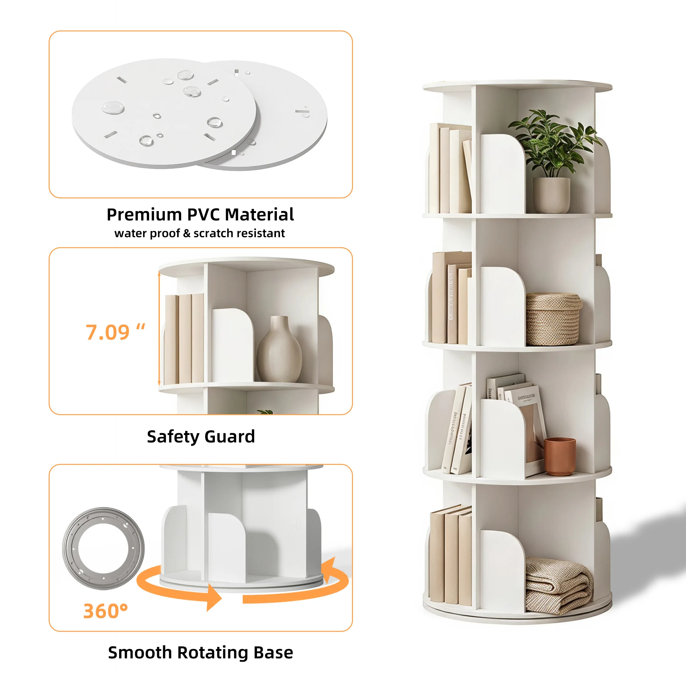 JHK 3-4 Tier Rotating Storage Bookshelf 360° Display Revolving Bookcase Freestanding Vertical Corner Book Shelf for Bedroom Living Room