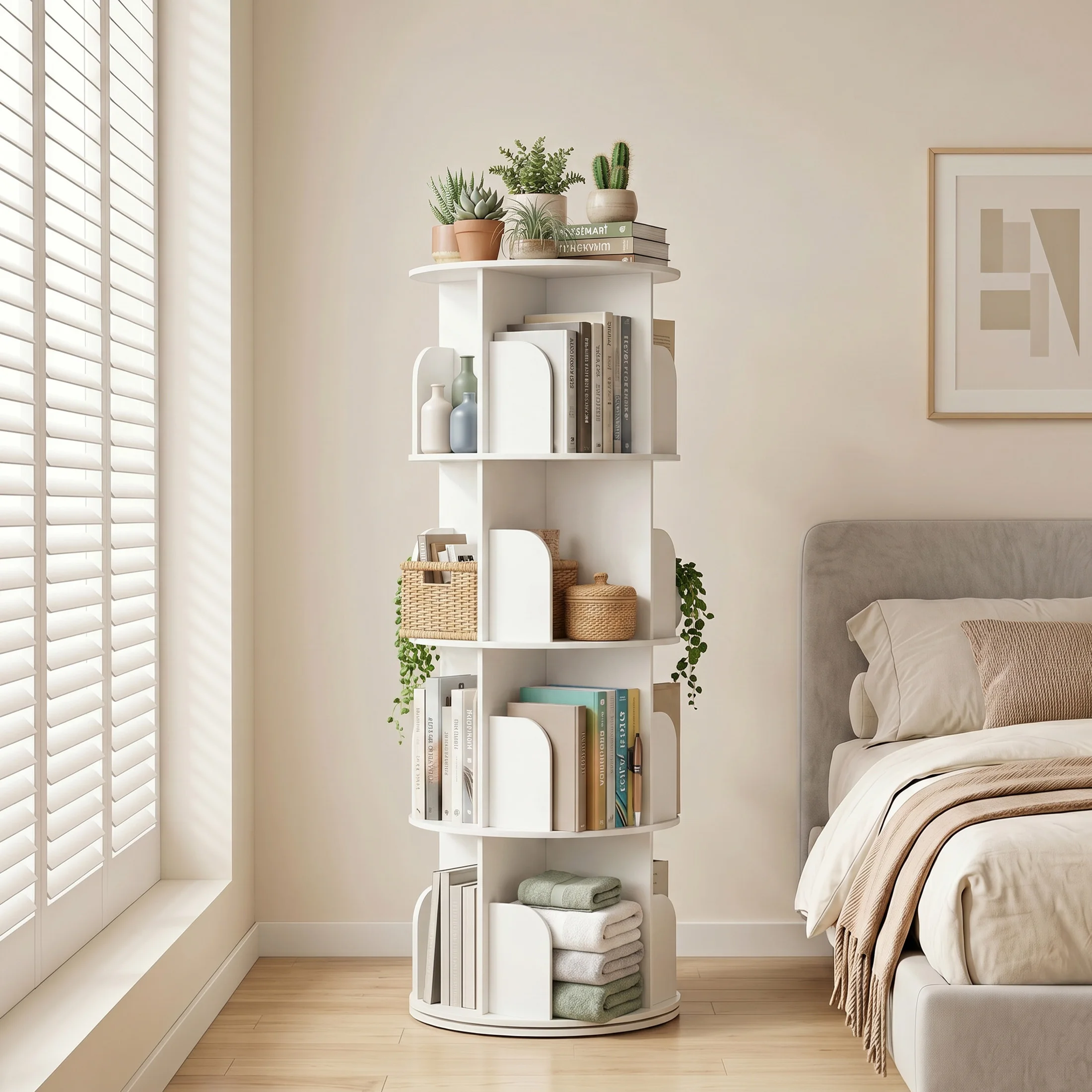 JHK 3-4 Tier Rotating Storage Bookshelf 360° Display Revolving Bookcase Freestanding Vertical Corner Book Shelf for Bedroom Living Room