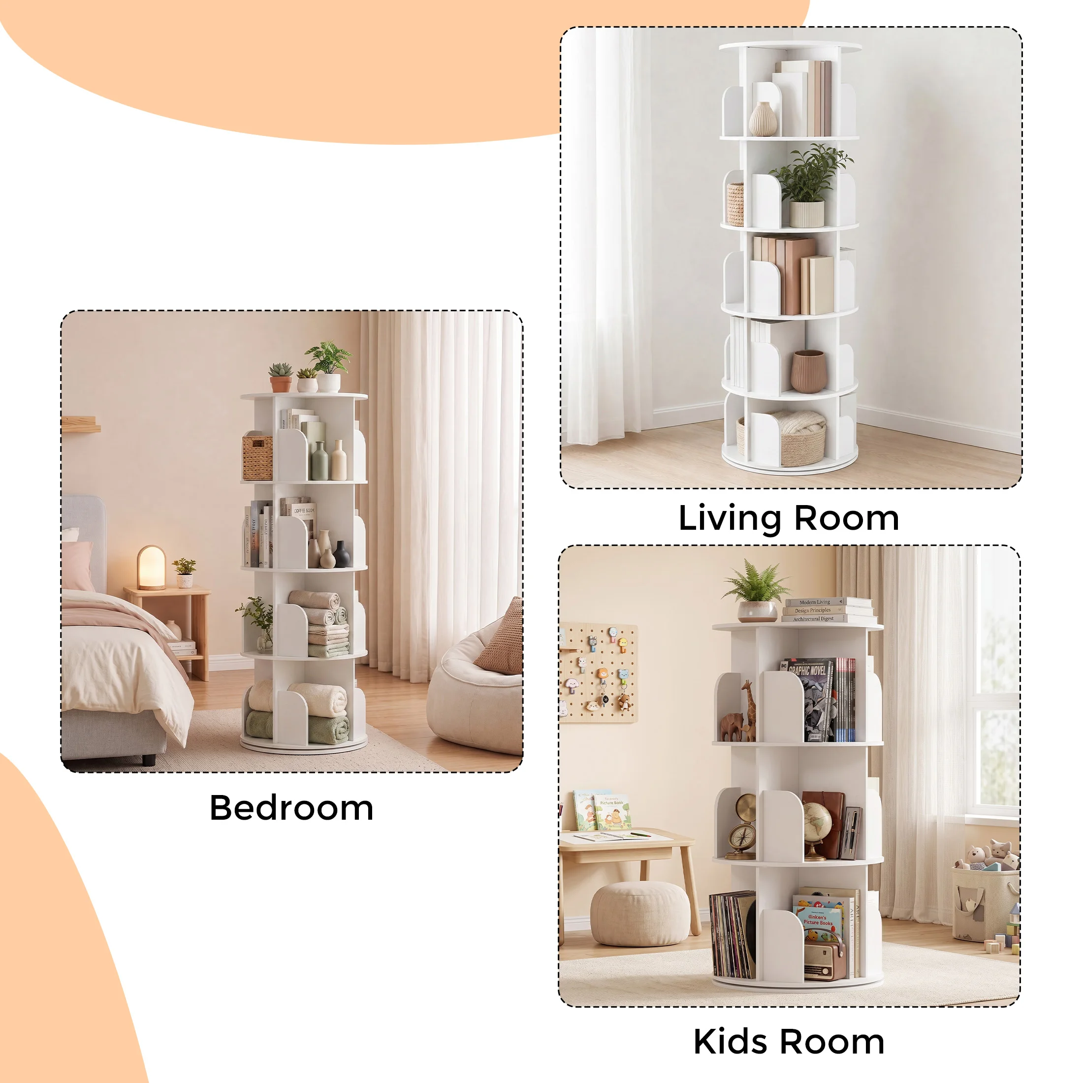 JHK 3-4 Tier Rotating Storage Bookshelf 360° Display Revolving Bookcase Freestanding Vertical Corner Book Shelf for Bedroom Living Room