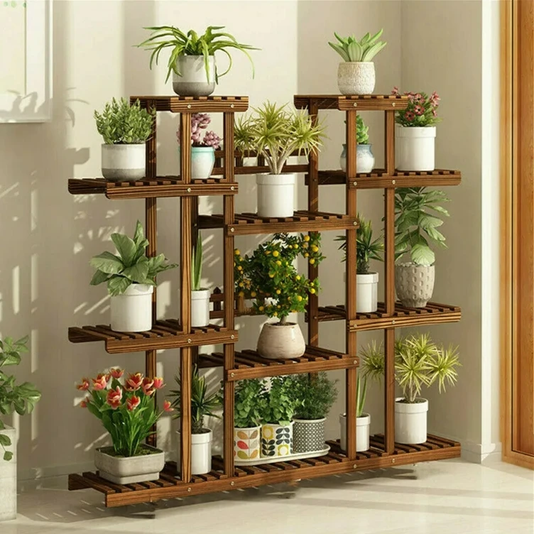 Large 11 Tiered Wood Plant Stand Carbonized High Widen Pot Shelf Holder Flower Shop Office Garden Indoor Outdoor