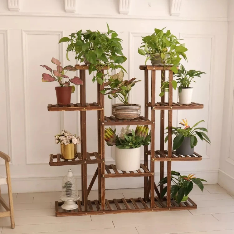 Large 11 Tiered Wood Plant Stand Carbonized High Widen Pot Shelf Holder Flower Shop Office Garden Indoor Outdoor