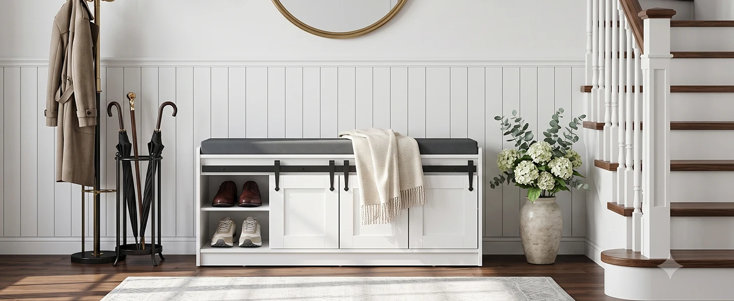 TinyNest Shoe Storage Benches With Linen Seat Cushion, 41.7 inch Farmhouse Entryway Bench, Shoe Rack Cabinet Bench Organizer With Adjustable Shelf & Sliding Door for Entryway, Hallway, Living Room, Bedroom End of Bed, Rustic Brown & White