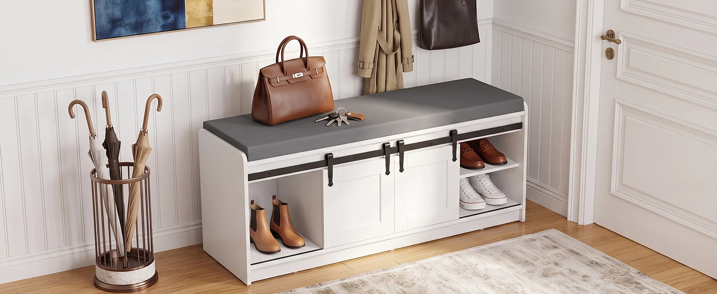 TinyNest Shoe Storage Benches With Linen Seat Cushion, 41.7 inch Farmhouse Entryway Bench, Shoe Rack Cabinet Bench Organizer With Adjustable Shelf & Sliding Door for Entryway, Hallway, Living Room, Bedroom End of Bed, Rustic Brown & White
