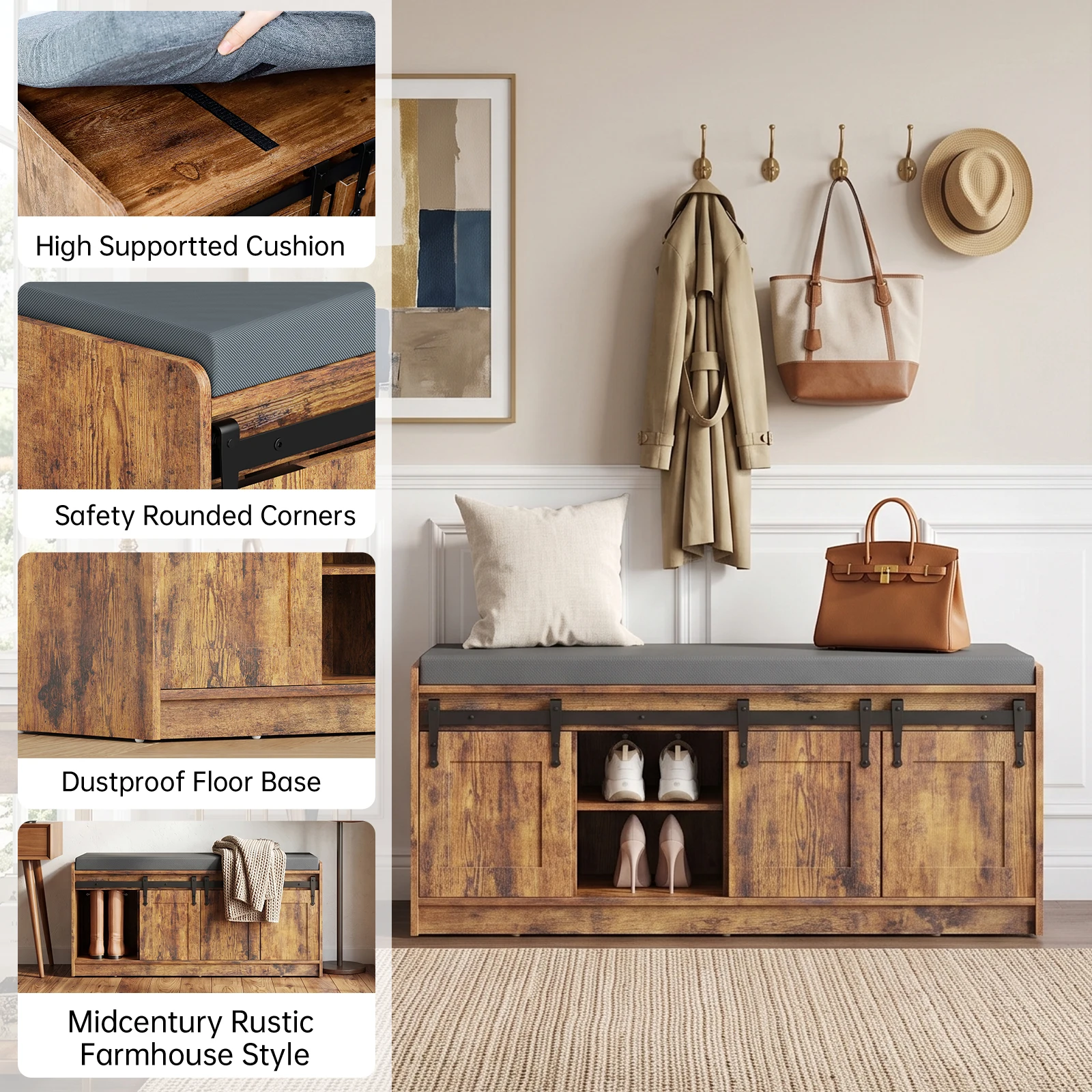 TinyNest Shoe Storage Benches With Linen Seat Cushion, 41.7 inch Farmhouse Entryway Bench, Shoe Rack Cabinet Bench Organizer With Adjustable Shelf & Sliding Door for Entryway, Hallway, Living Room, Bedroom End of Bed, Rustic Brown & White