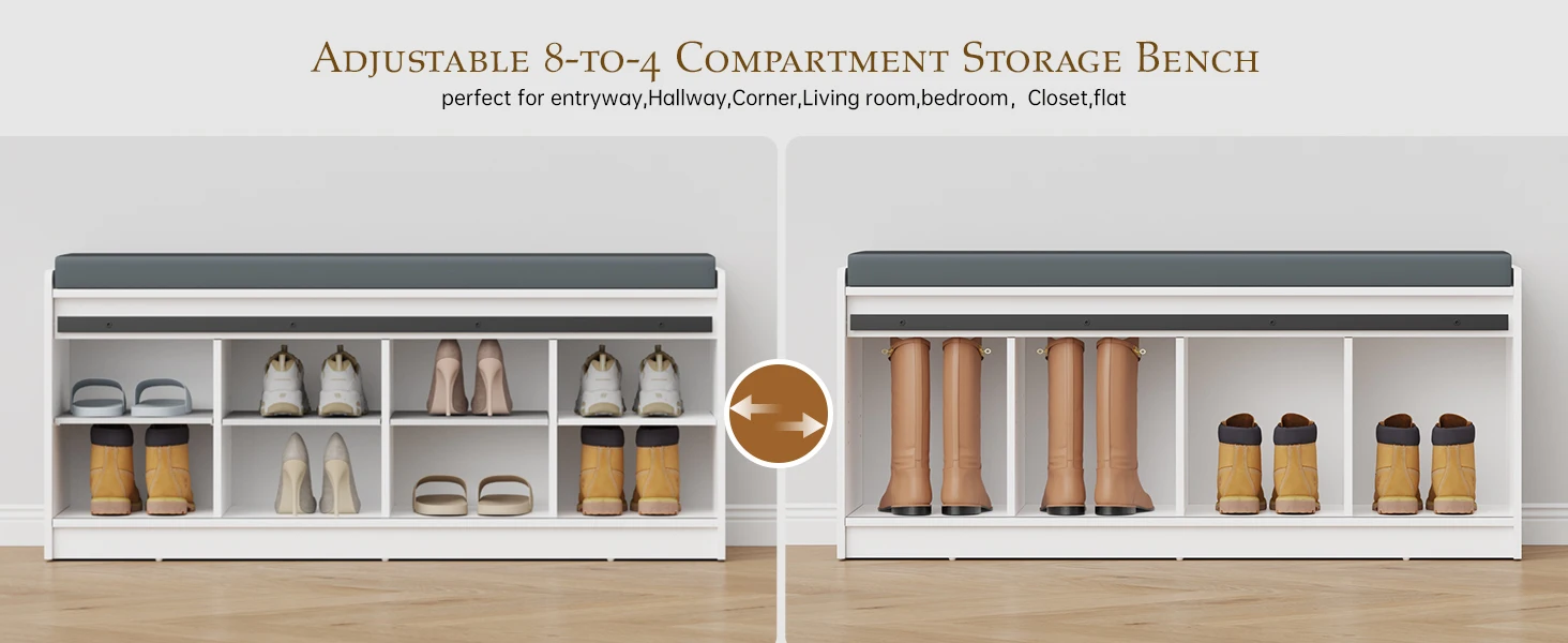 TinyNest Shoe Storage Benches With Linen Seat Cushion, 41.7 inch Farmhouse Entryway Bench, Shoe Rack Cabinet Bench Organizer With Adjustable Shelf & Sliding Door for Entryway, Hallway, Living Room, Bedroom End of Bed, Rustic Brown & White