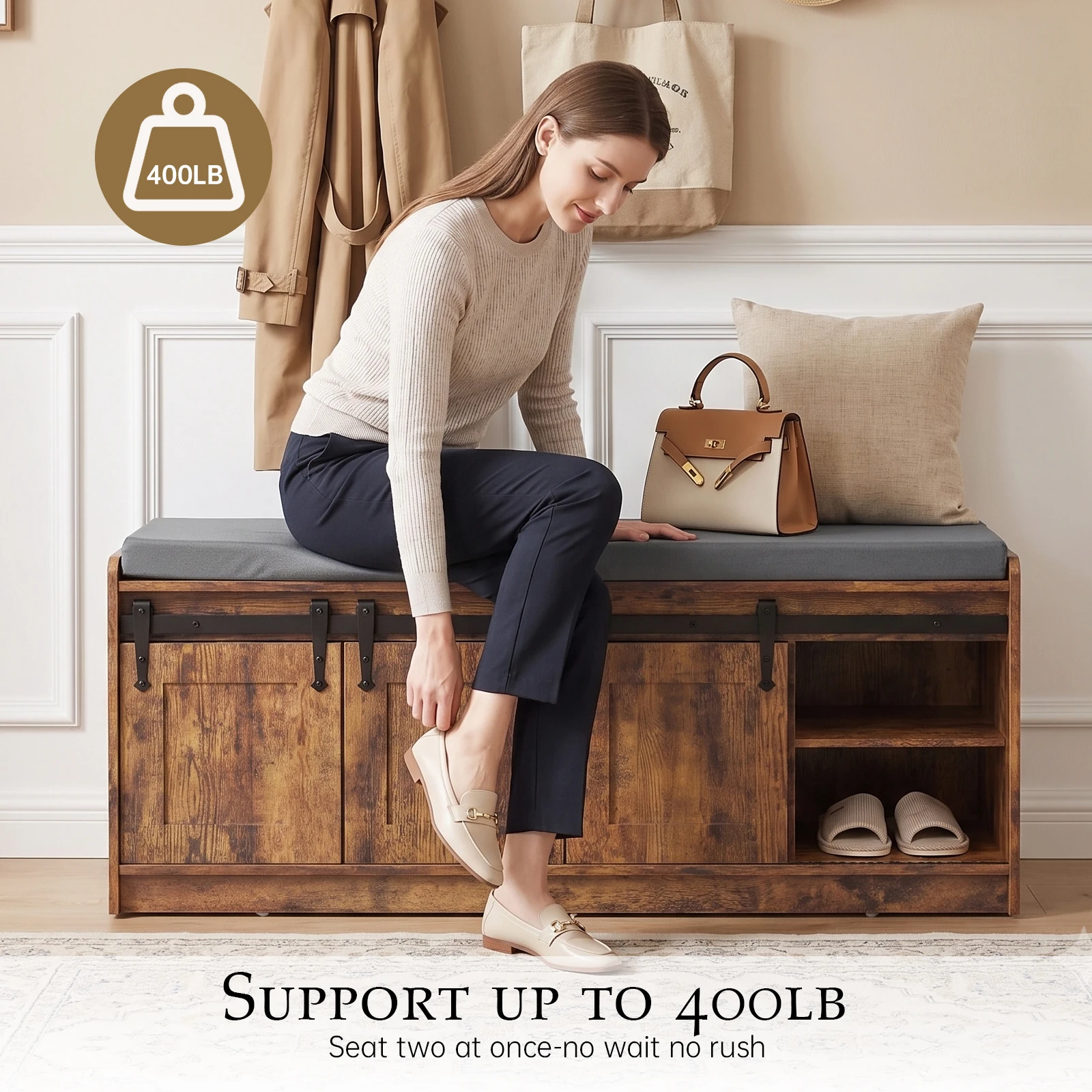 TinyNest Shoe Storage Benches With Linen Seat Cushion, 41.7 inch Farmhouse Entryway Bench, Shoe Rack Cabinet Bench Organizer With Adjustable Shelf & Sliding Door for Entryway, Hallway, Living Room, Bedroom End of Bed, Rustic Brown & White