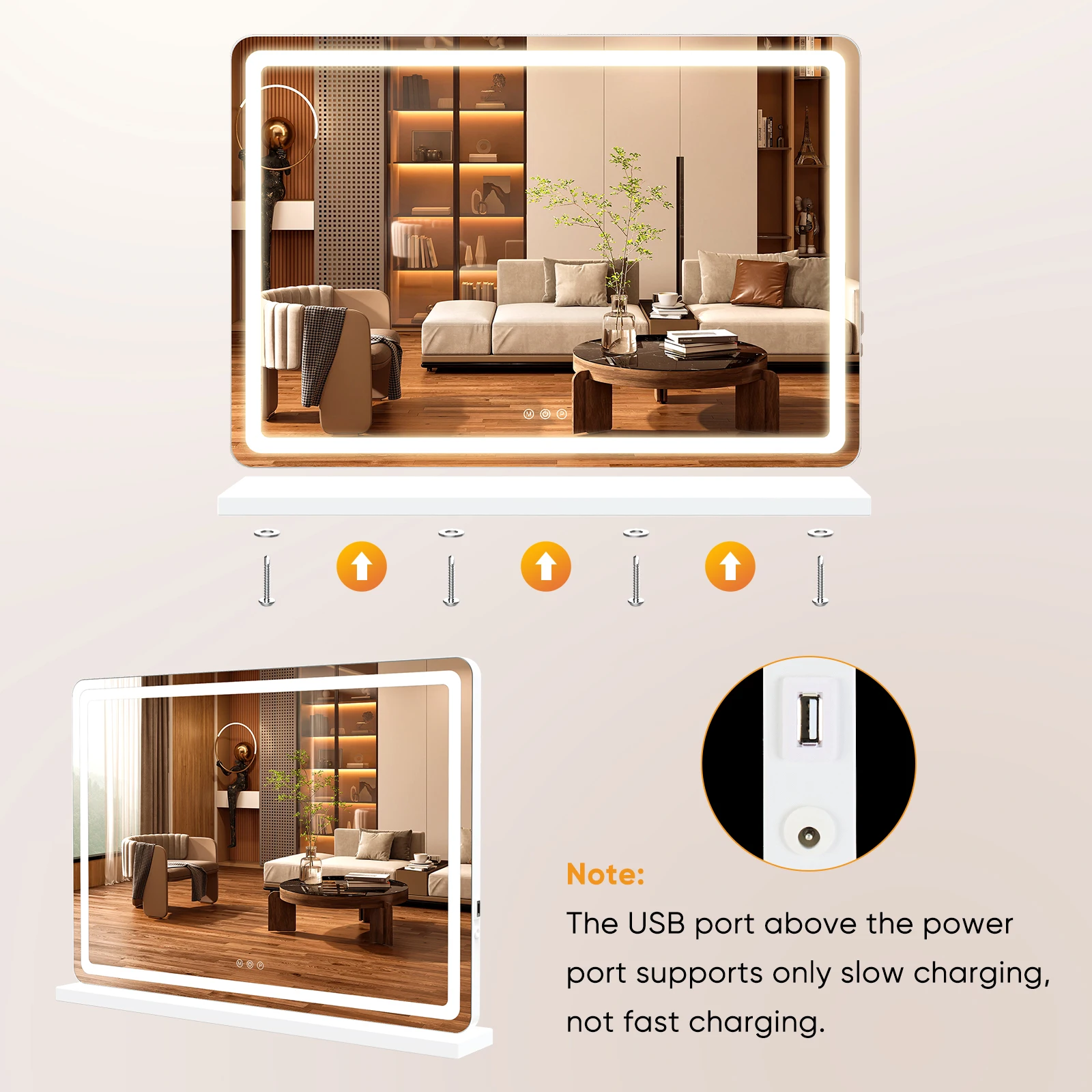 MCQ Full Length Mirror LED Vanity Mirror with Lights Makeup Dimmable 3 Color Modes with Memory Function USB Charging Port for Home 