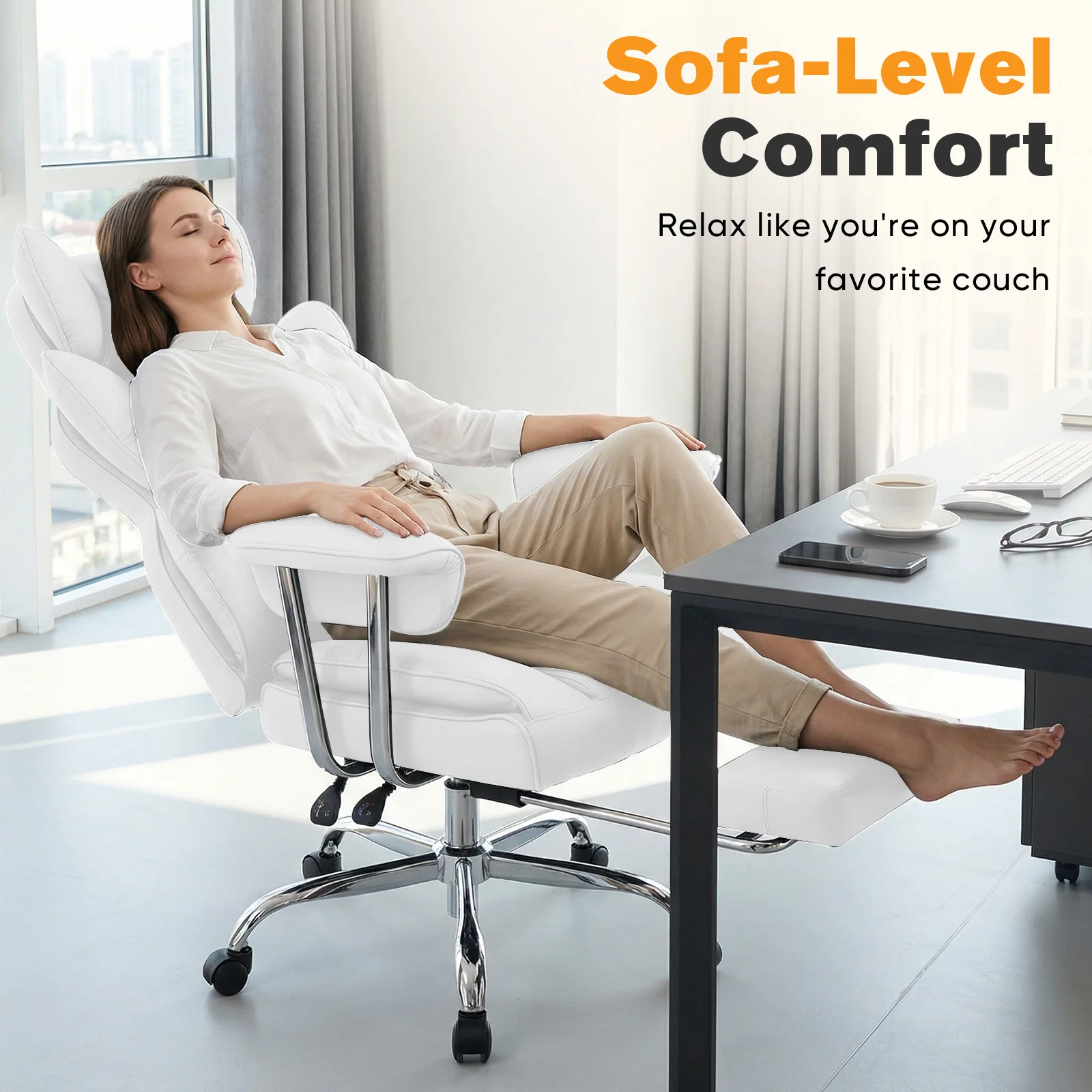 MCQ PU Leather Fix Armrest Ergonomic Office Desk Chair with Footrest Gaming Chair with High Back Reclining and Lumbar Support Height Adjustable with 360° Swivel