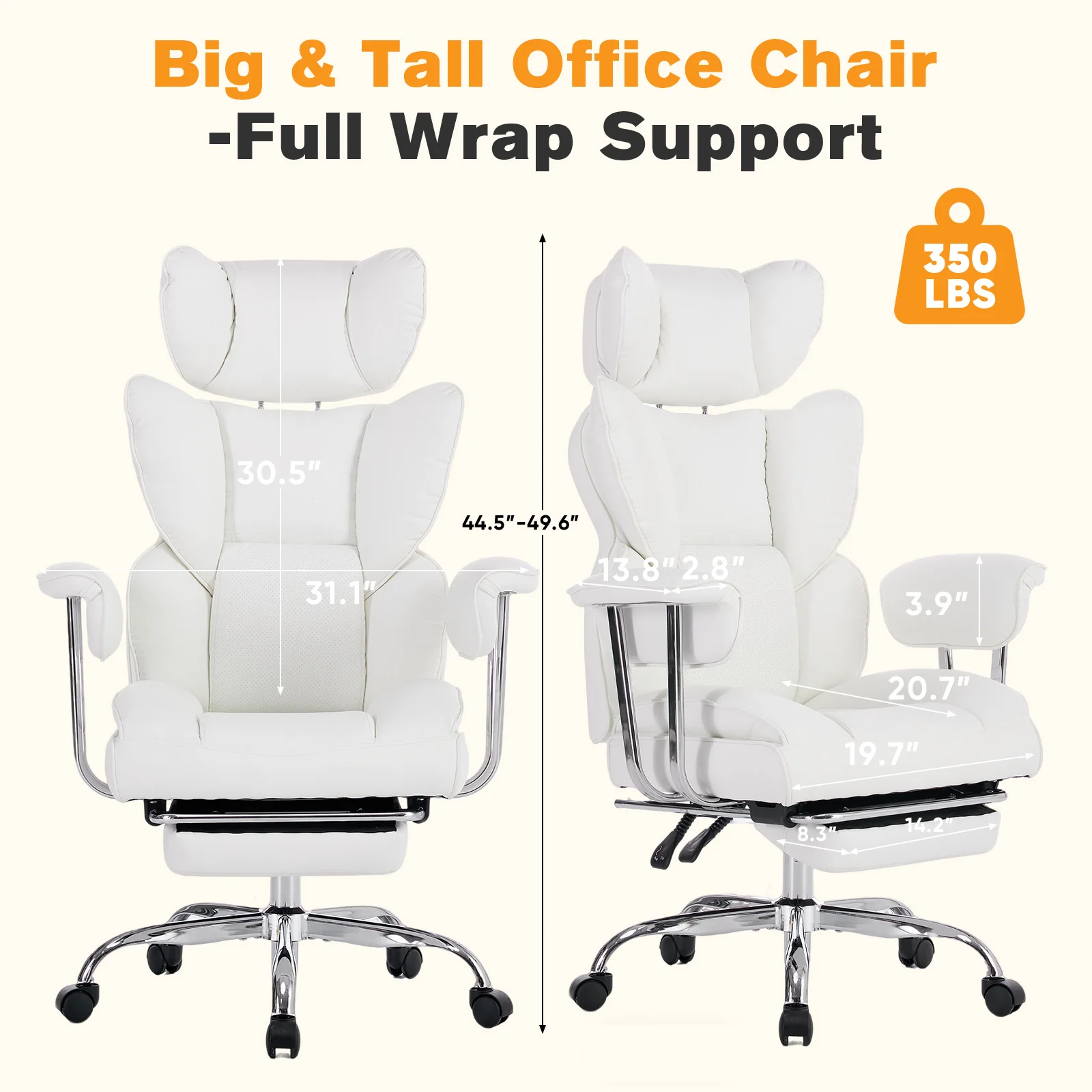 MCQ PU Leather Fix Armrest Ergonomic Office Desk Chair with Footrest Gaming Chair with High Back Reclining and Lumbar Support Height Adjustable with 360° Swivel