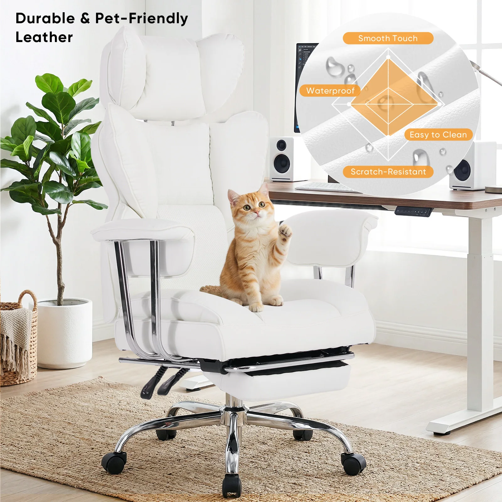 MCQ PU Leather Fix Armrest Ergonomic Office Desk Chair with Footrest Gaming Chair with High Back Reclining and Lumbar Support Height Adjustable with 360° Swivel