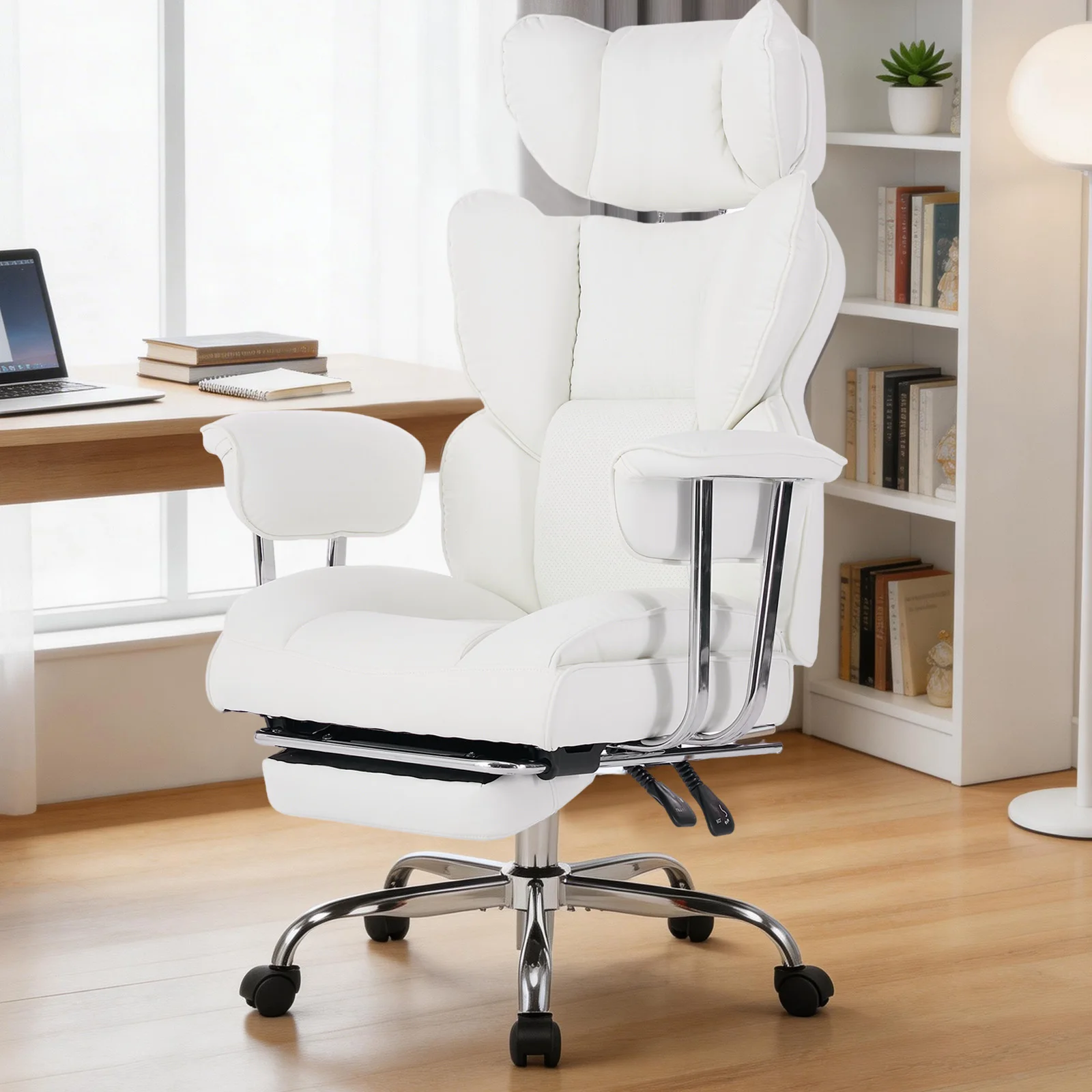 MCQ PU Leather Fix Armrest Ergonomic Office Desk Chair with Footrest Gaming Chair with High Back Reclining and Lumbar Support Height Adjustable with 360° Swivel