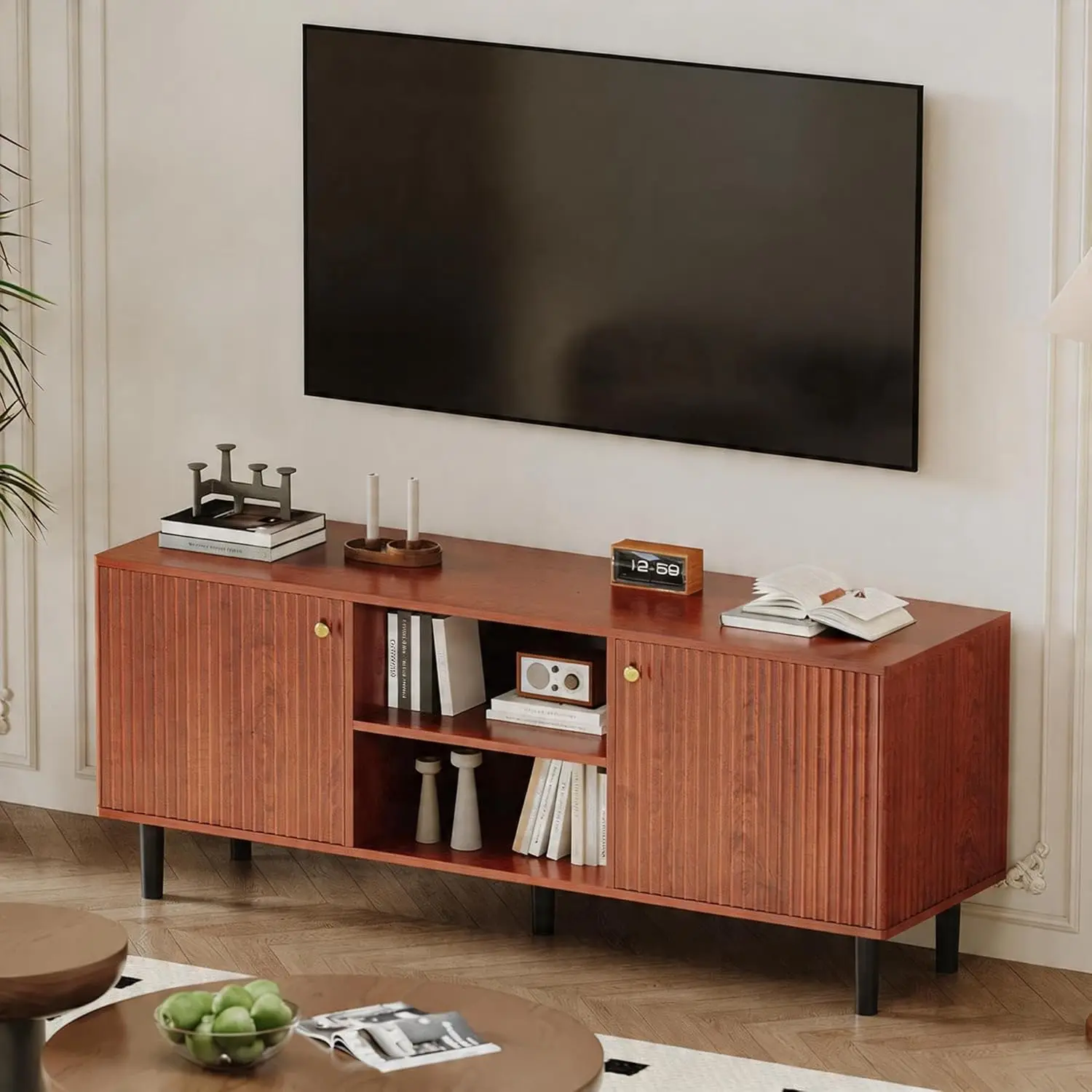 Fluted TV Stand for TVs up to 65in - Mid Century Modern Wood Entertainment Center - Adjustable Shelf & 2 Doors Storage - Media Console Table for Living Room or Bedroom - Walnut Wood with Black Legs