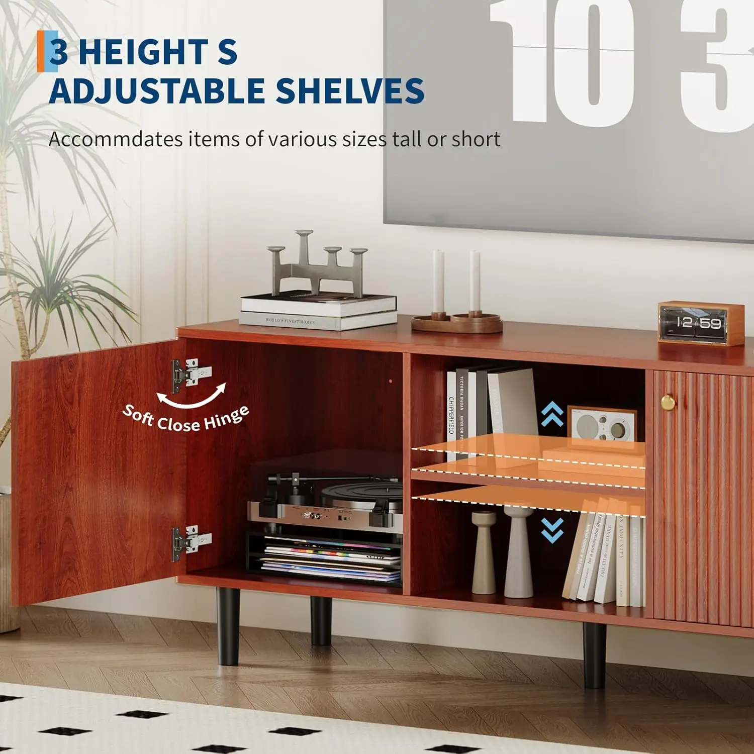 Fluted TV Stand for TVs up to 65in - Mid Century Modern Wood Entertainment Center - Adjustable Shelf & 2 Doors Storage - Media Console Table for Living Room or Bedroom - Walnut Wood with Black Legs