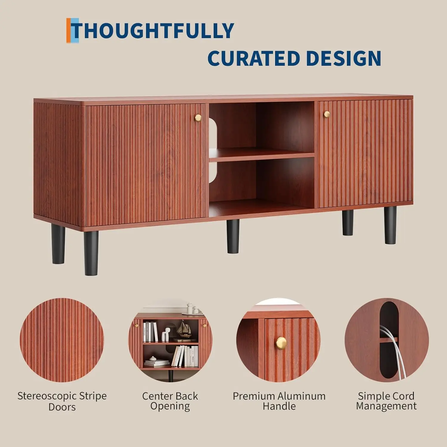 Fluted TV Stand for TVs up to 65in - Mid Century Modern Wood Entertainment Center - Adjustable Shelf & 2 Doors Storage - Media Console Table for Living Room or Bedroom - Walnut Wood with Black Legs