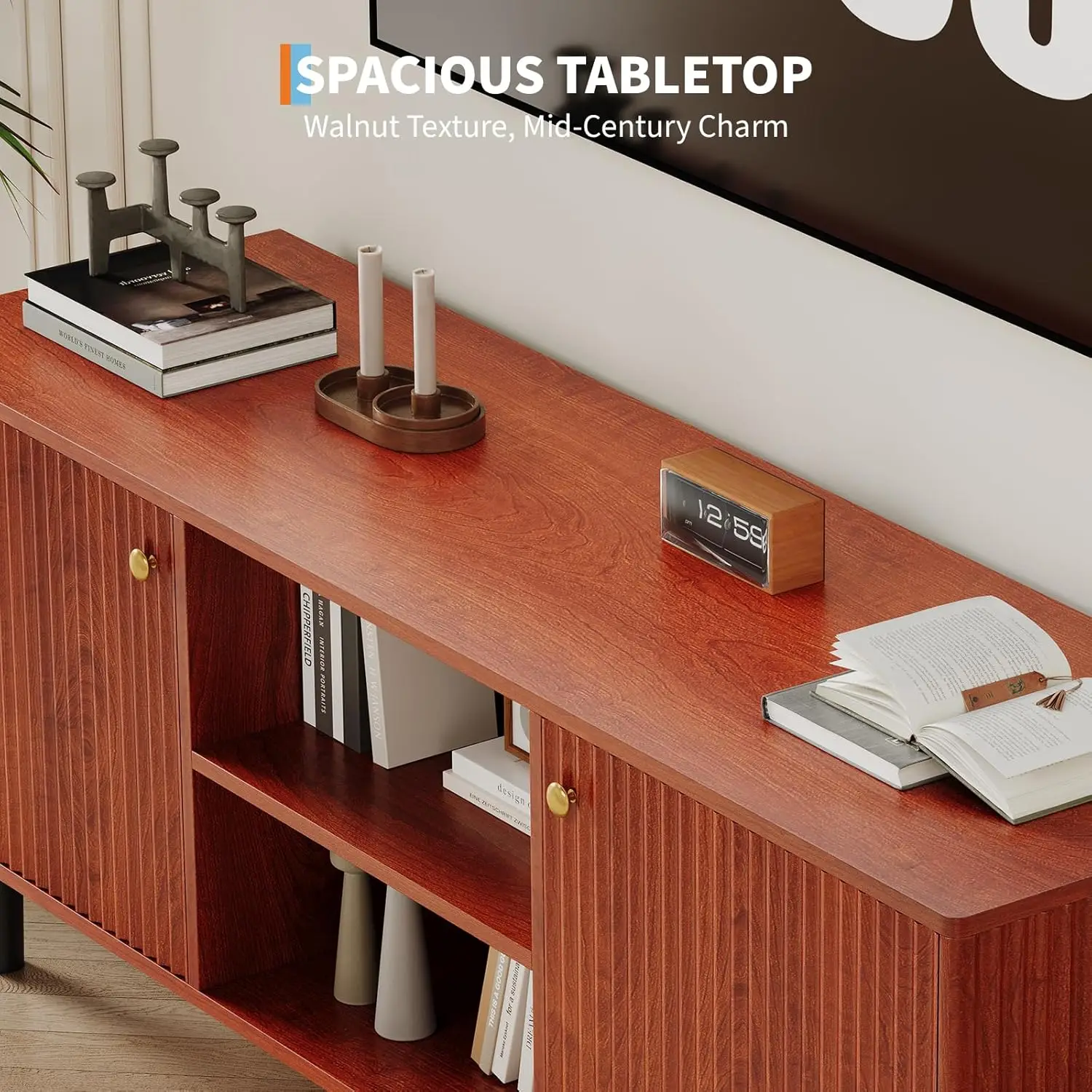 Fluted TV Stand for TVs up to 65in - Mid Century Modern Wood Entertainment Center - Adjustable Shelf & 2 Doors Storage - Media Console Table for Living Room or Bedroom - Walnut Wood with Black Legs