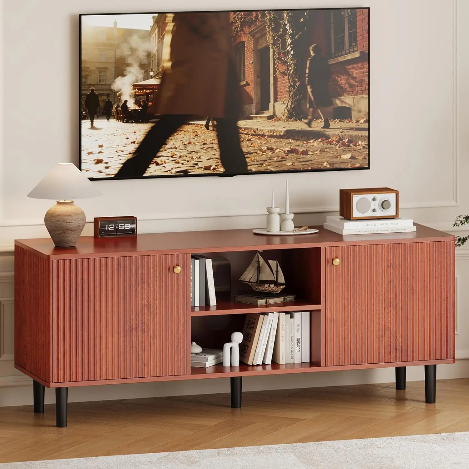 Fluted TV Stand for TVs up to 65in - Mid Century Modern Wood Entertainment Center - Adjustable Shelf & 2 Doors Storage - Media Console Table for Living Room or Bedroom - Walnut Wood with Black Legs